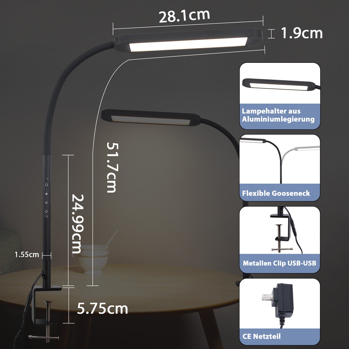ZMH Schreibtischlampe LED Klemmbar - Dimmbar Schreibtischleuchte Schwarz 5 Farben und 5 Helligkeitsstufen 11W Tageslichtlampe Augenschutz Schwanenhals Tischlampe f¨¹r B¨¹ro Arbeitszimmer Schneider