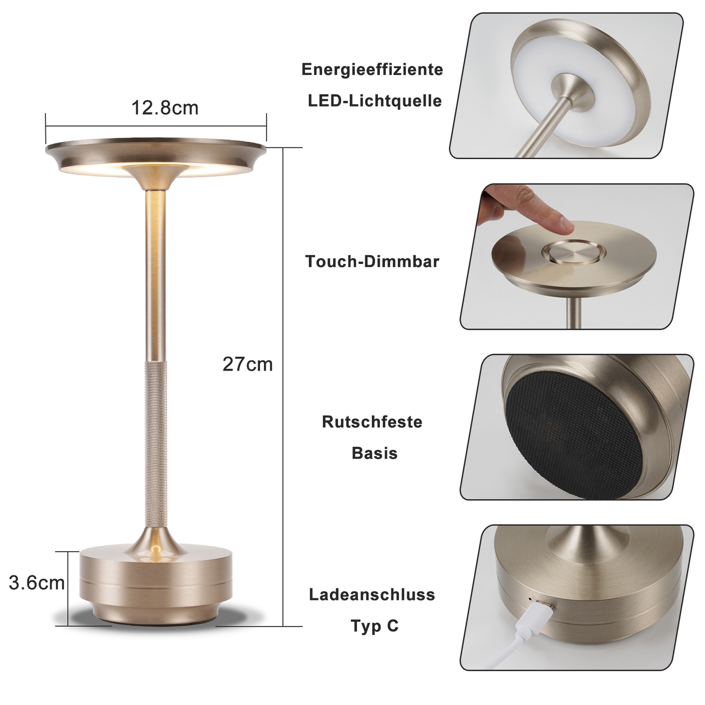 Nachttischlampe Kabellos Tischlampe Akku - LED Tischleuchte Touch Dimmbar Lampe mit USB Aufladbar Batterie Tischlampen Nickel f¨¹r Modern Fensterbank Wohnzimmer Kinderzimmer Schlafzimmer