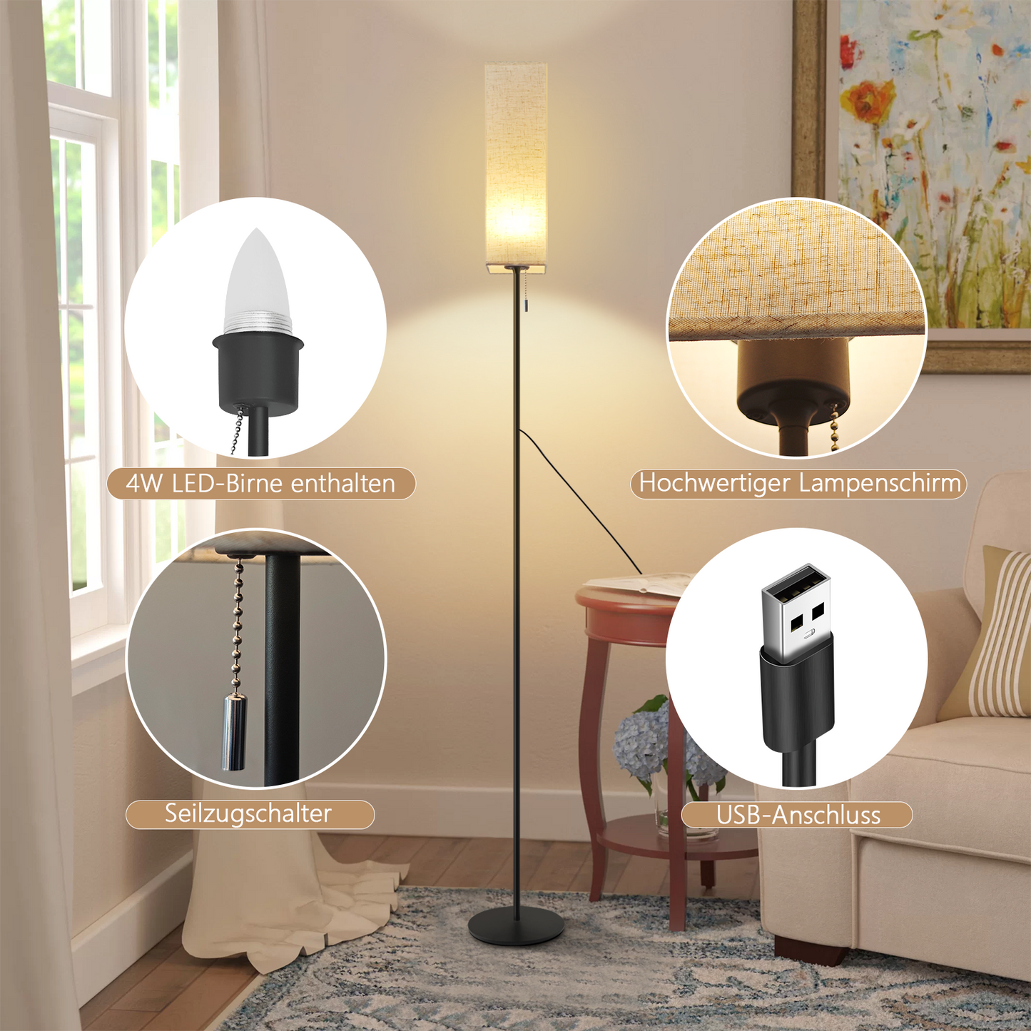 ZMH Stehlampe Wohnzimmer LED Stehleuchte: Dimmbar Standleuchte Vintage Standlampe Beige Lampenschirm 3000K-6500K Wohnzimmerlampe Seilzugschalter Retro Stoff Leselampe f¨¹r Schlafzimmer B¨¹ro