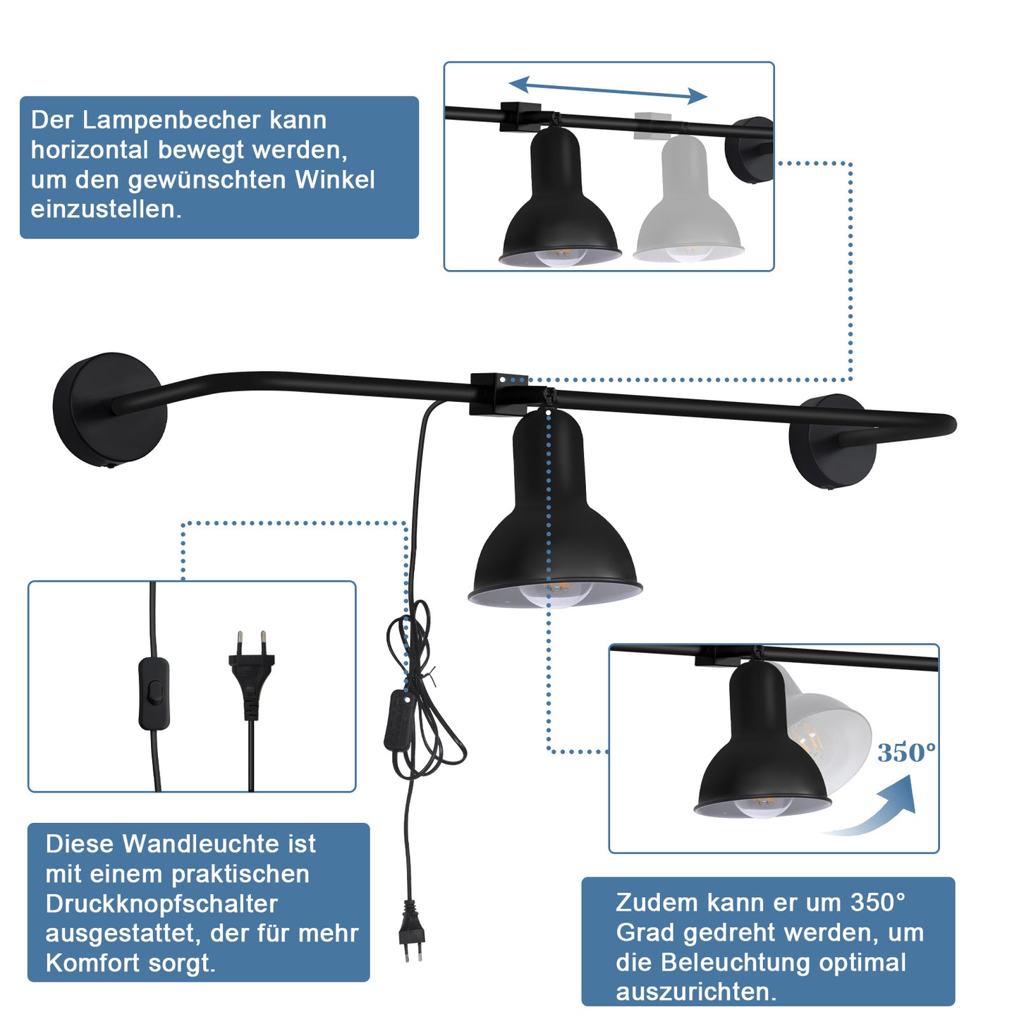 ZMH Wandleuchte innen Wandlampe Schwarz - E27 Vintage Metall Flurlampe Schwenkbar Design Treppenhauslampe Indirekt Wandbeleuchtung mit Schalter f¨¹r Wohnzimmer Schlafzimmer Flur Treppenhaus Bett