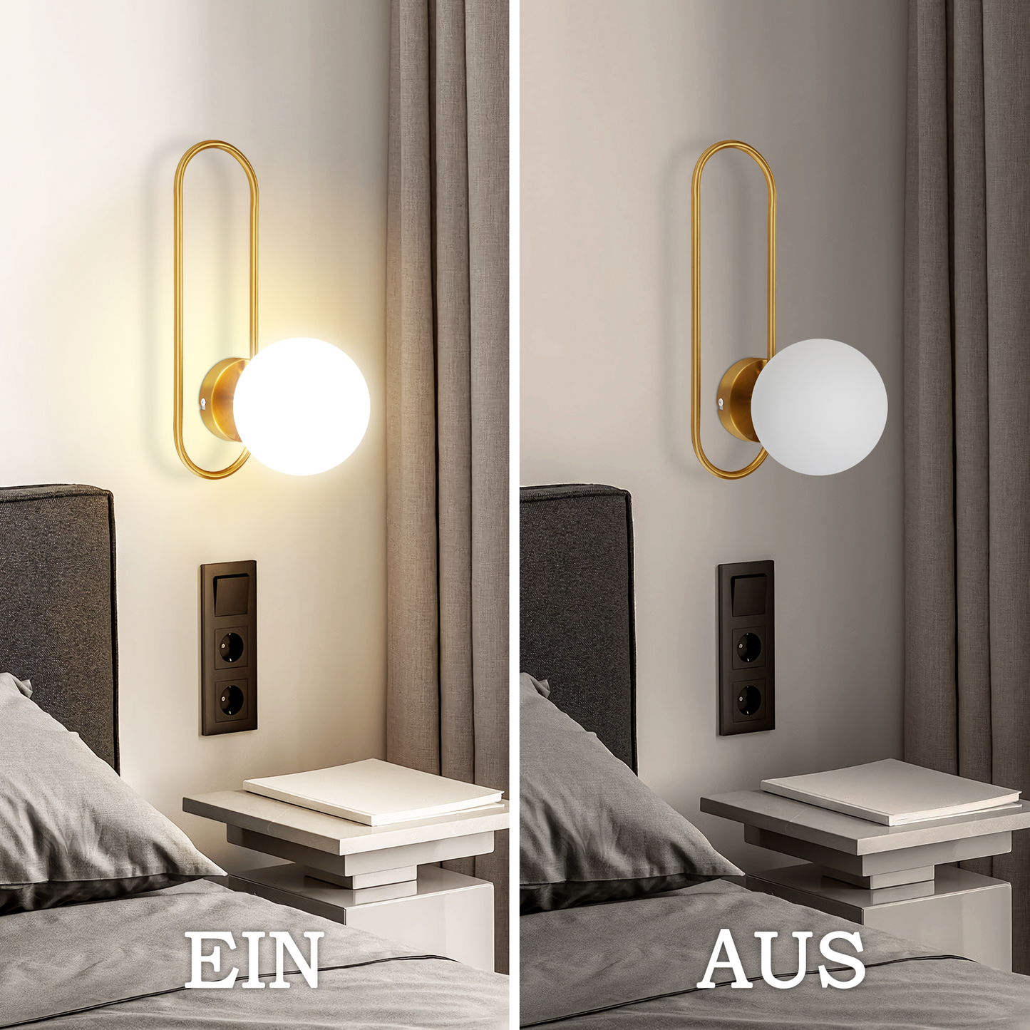 Wandleuchte Innen Wandlampe Flur - Glas Schlafzimmer Wandbeleuchtung Gold Modern Flurlampe Wand Lampen E14 Glaskugel Retro Beleuchtung f¨¹r Treppenhaus Bett Wohnzimmer Hotel (Ohne Leuchtmittel)
