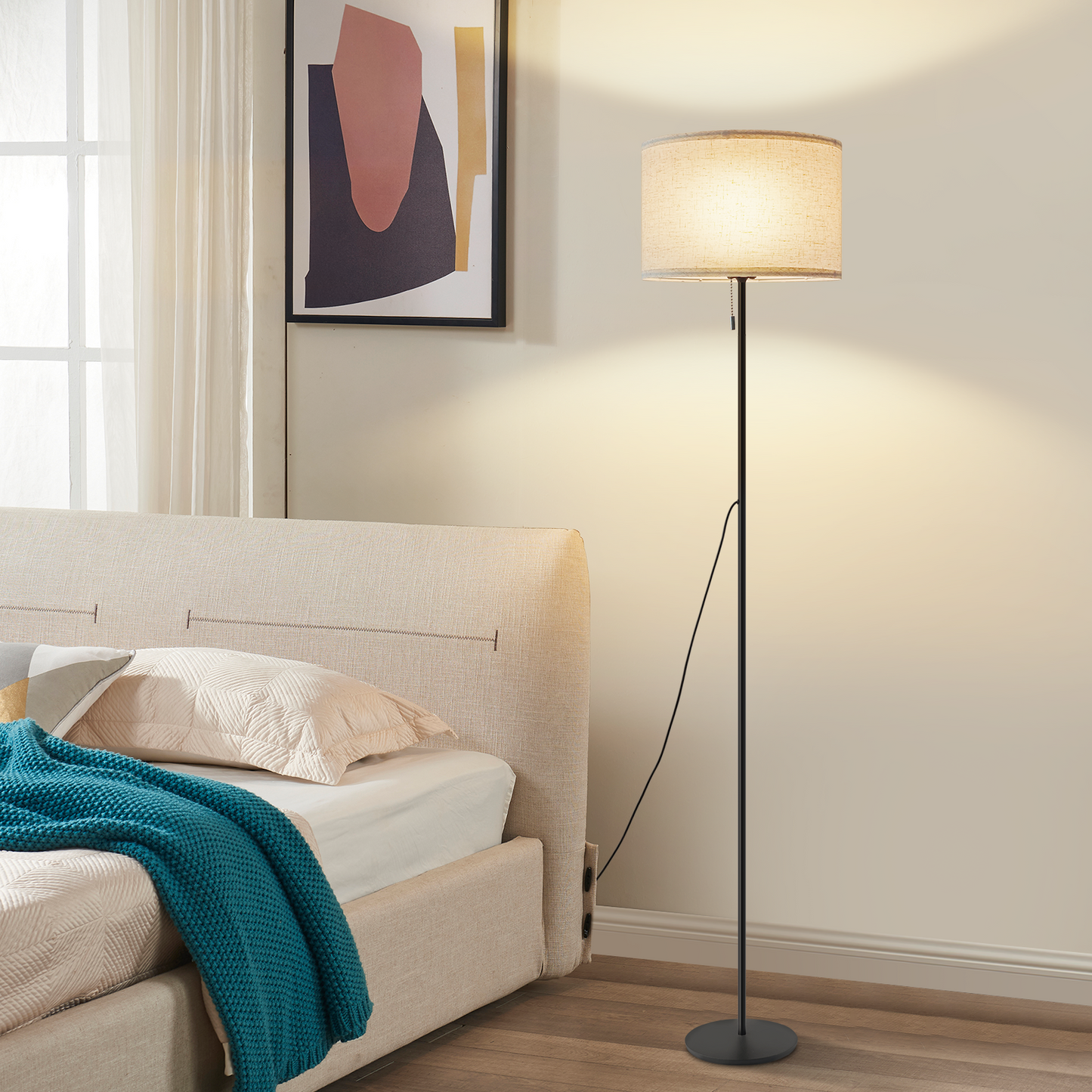 ZMH Stehlampe Wohnzimmer Vintage Stehleuchte: LED Dimmbar Standleuchte 136cm Standlampe Beige Lampenschirm 3000K-6500K Wohnzimmerlampe Seilzugschalter Retro Stoff Leselampe f¨¹r Schlafzimmer B¨¹ro