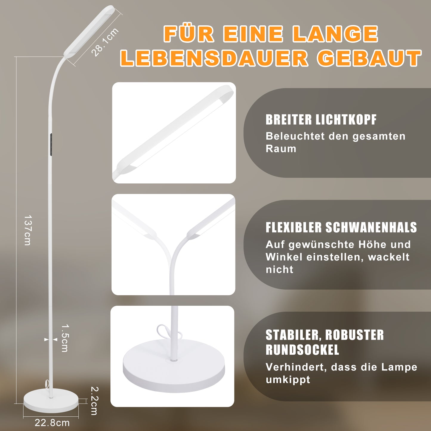 ZMH LED Stehlampe Dimmbar Standleuchte - Standleuchte 11W Wei? 3000K-6500K 5 Farbtemperaturen 5 Helligkeiten Drehbar Leselampe Touch Control 1H Timer Bodenlampe f¨¹r Wohnzimmer Kinderzimmer Sofa