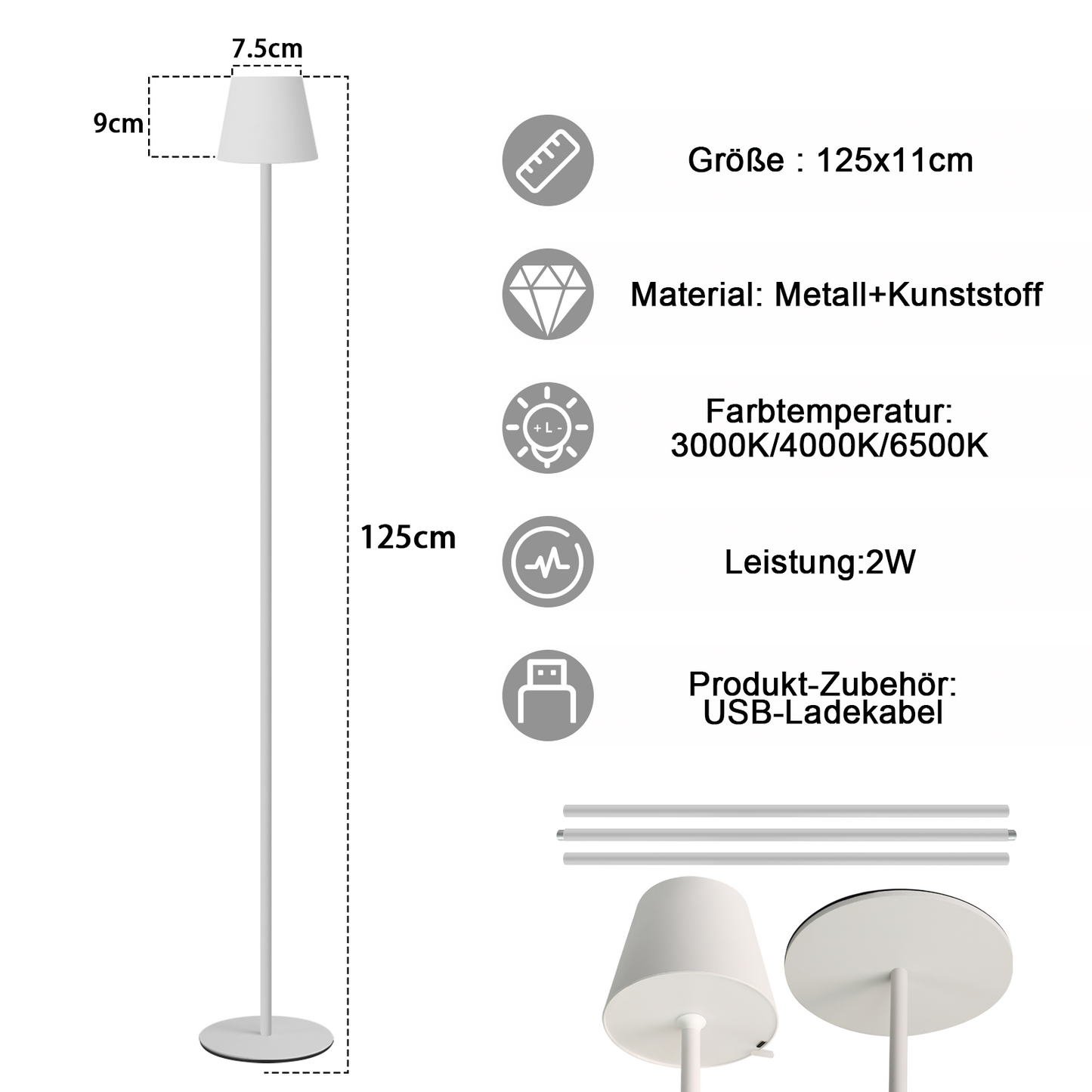 ZMH Stehlampe Wohnzimmer LED Dimmbar Stehleuchte - Modern USB Akku Standleuchte Lampe mit 3 Farbtemperaturen Wei? Stehlampe f¨¹r Schlafzimmer Arbeitszimmer und B¨¹ro 125 cm