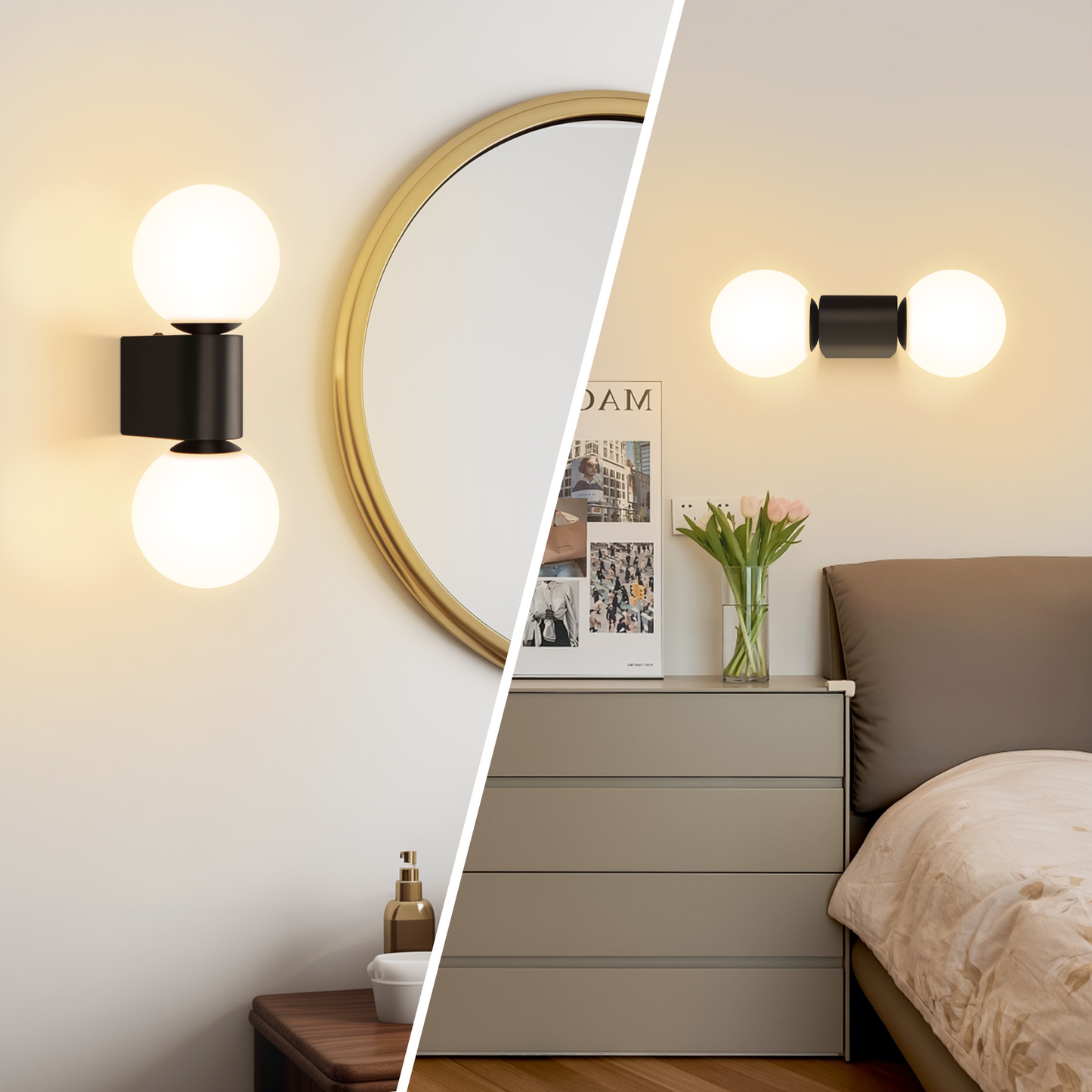 Wandleuchte Badezimmer Vintage Wandlampe innen: Wandbeleuchtung Glas in Wei? Schwarz Wandstrahler 2 flammig Max. 25W G9 Retro Wandspots f¨¹r Schlafzimmer Wohnzimmer K¨¹che (Ohne Leuchtmittel)