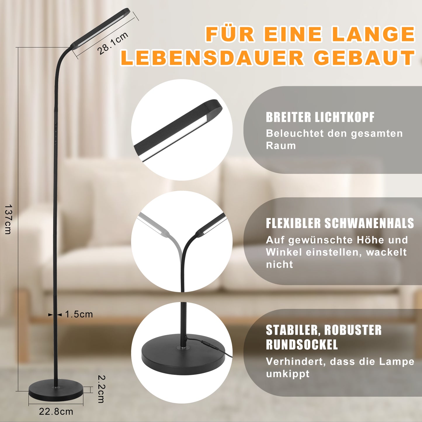 ZMH Stehlampe LED Standleuchte Wohnzimmer - Dimmbar Modern Standleuchte Schwarz 5 Farben und 5 Helligkeitsstufen 11W 360¡ã Flexibler Schwanenhals Leselampe mit Fernbedienung f¨¹r Schlafzimmer B¨¹ro
