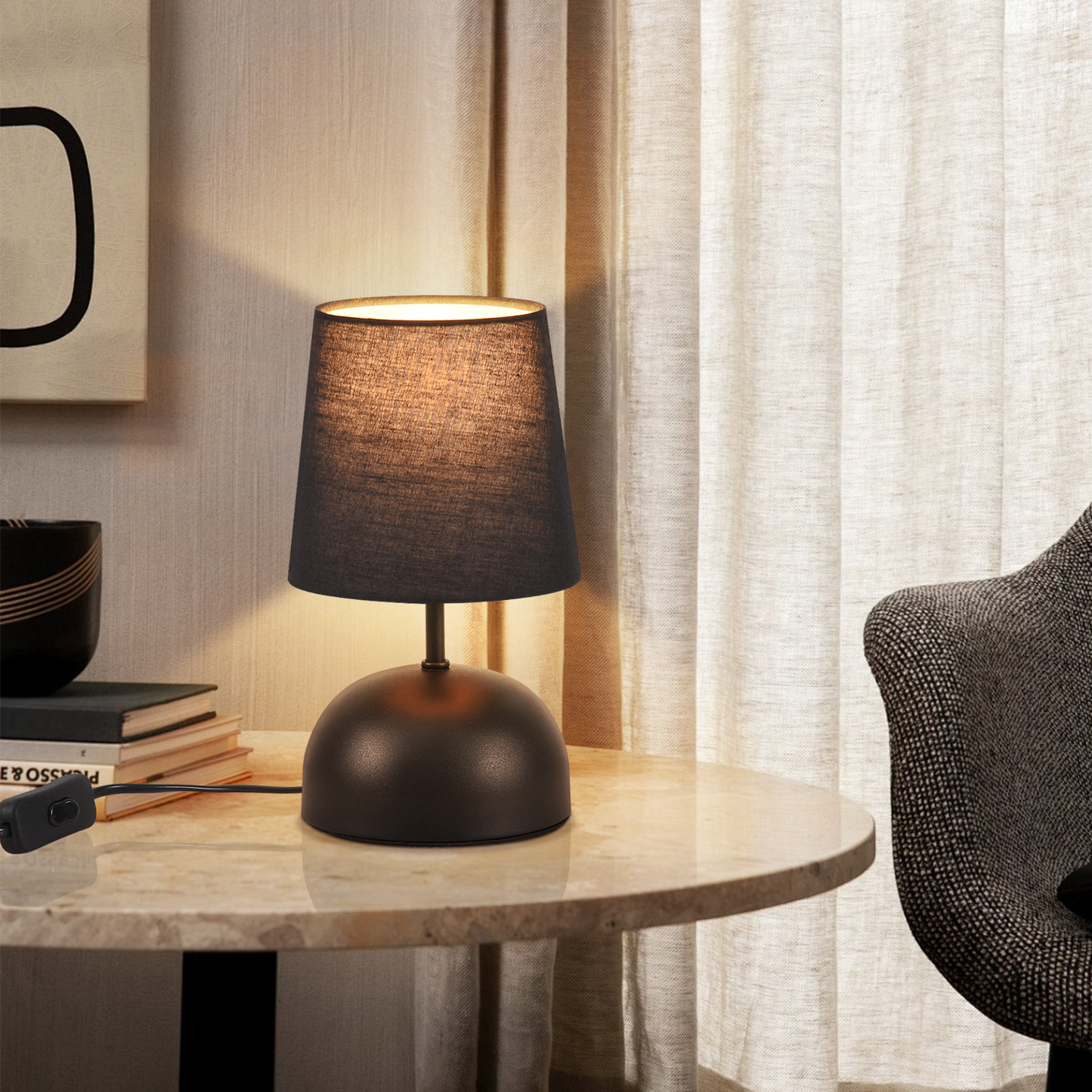 Nachttischlampe 2er Set Tischlampe mit Kabel - Tischleuchte Schwarz Klein Nachtlampe Schlafzimmer Stoff Bettlampe Modern Design Schreibtischlampe f¨¹r Wohnzimmer B¨¹ro Bett Tisch Fenster Hotel