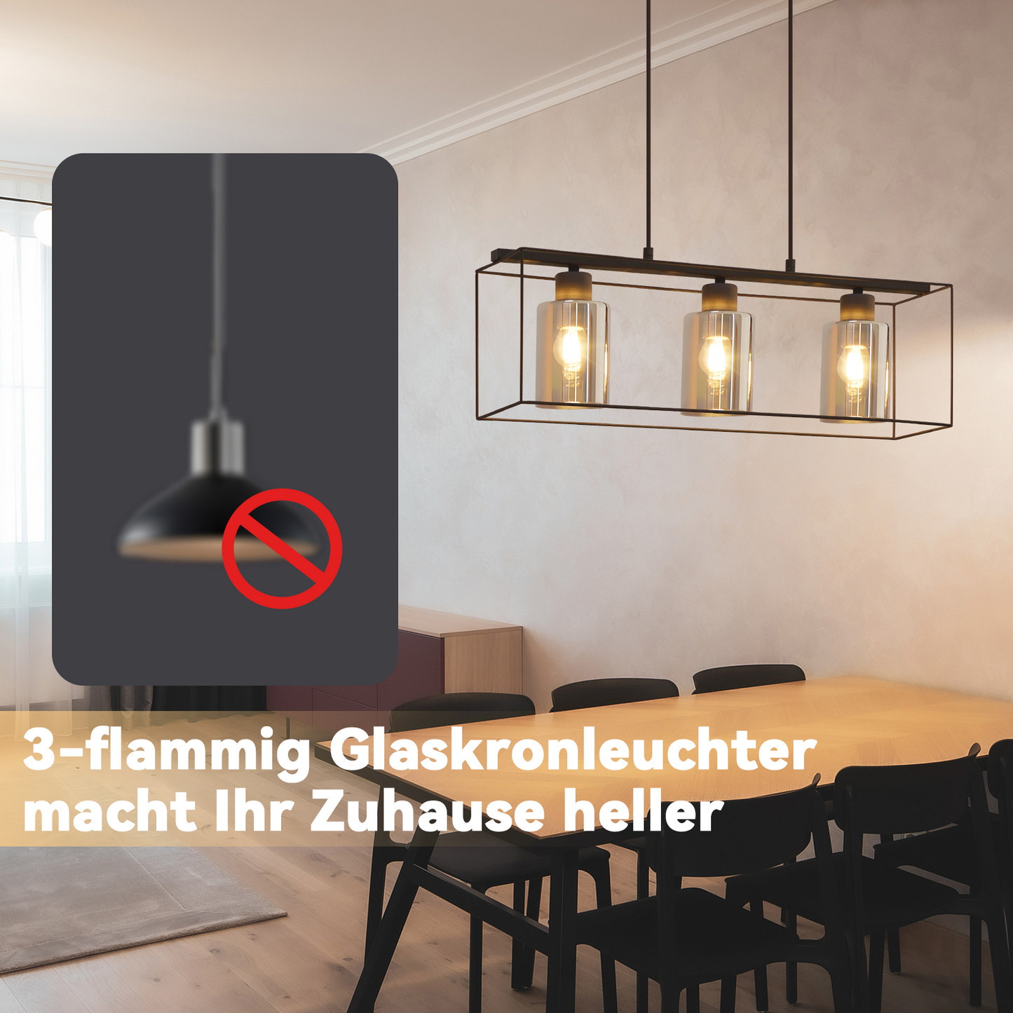 Pendelleuchte Esstisch H?ngelampe Vintage - Rauchschwarz Glas H?ngeleuchte 3 Flammig E27 Esstischlampe H?ngend Metall Retro Esszimmerlampe Industrial f¨¹r Esszimmer k¨¹che (ohne Leuchtmittel)