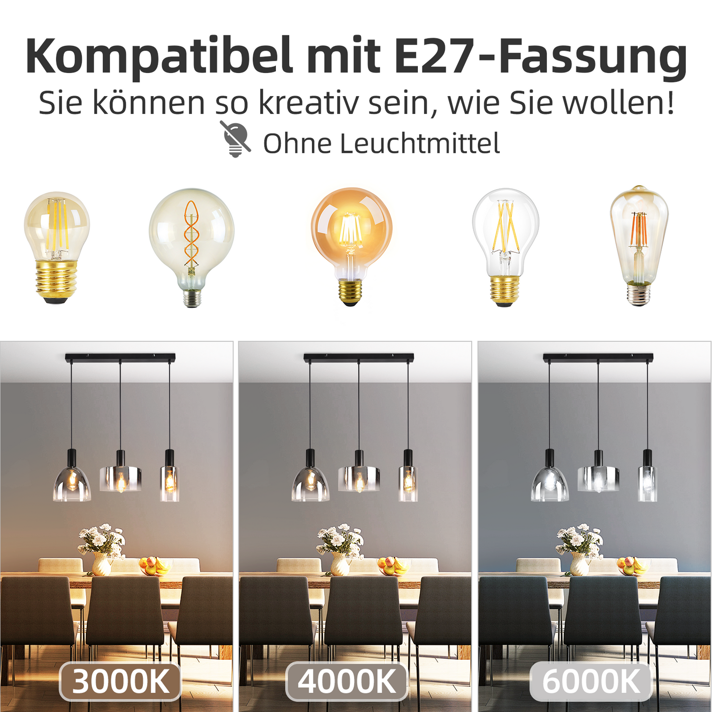 H?ngelampe Esszimmerlampe 3 Flammig H?ngeleuchte- E27 Vintage Esstisch Pendelleuchte H?henverstellbar Glas Schwarz Pendellampe H?ngend f¨¹r Schlafzimmer k¨¹che (ohne Leuchtmittel)