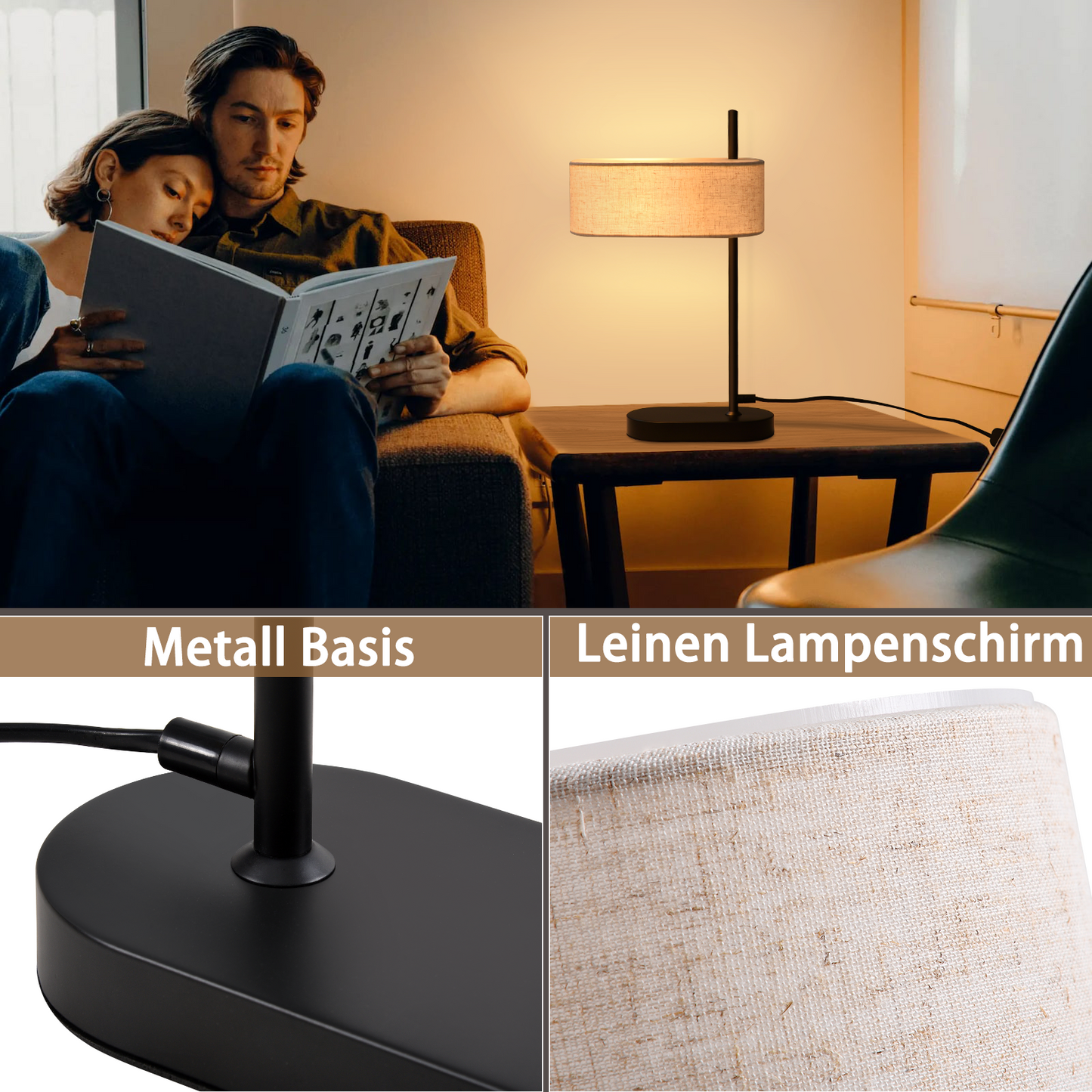 ZMH Nachttischlampe Schlafzimmer Tischlampe Vintage - 2er 44.5cm E14 Schwarz Tischleuchte Leinen Stoffschirm mit Schalter Kabel Retro f¨¹r Wohnzimmer B¨¹ro (ohne Leuchtmittel)