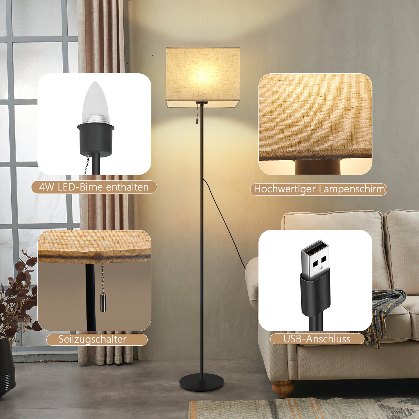 ZMH Stehlampe Wohnzimmer Vintage Stehleuchte: LED Dimmbar Standleuchte 134cm Standlampe Beige Lampenschirm 3000K-6500K Wohnzimmerlampe Seilzugschalter Retro Stoff Leselampe f¨¹r Schlafzimmer B¨¹ro