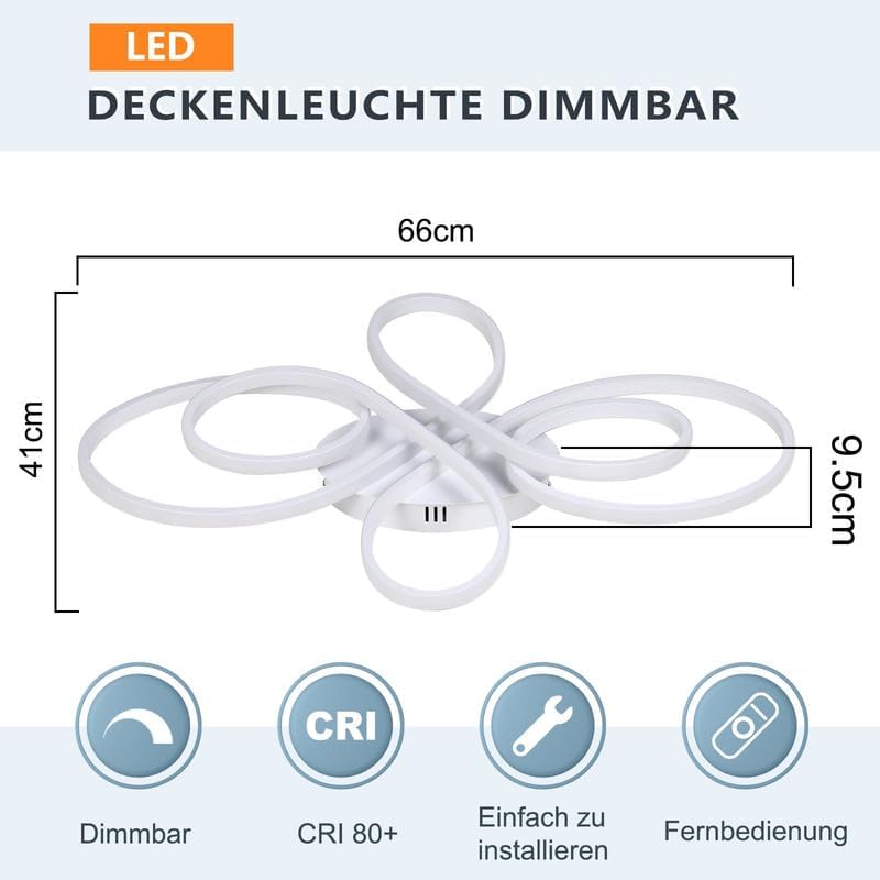 ZMH LED Deckenlampe Deckenleuchte Wohnzimmer - Wohnzimmerlampe Weiß Modern Design 65W Dimmbar mit Fernbedienung in Schmetterlingforming Deckenbeleuchtung für Schlafzimmer Esszimmer Arbeitszimmer