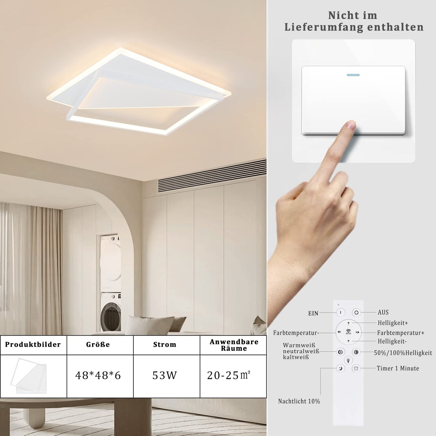 ZMH Deckenlampe LED Deckenleuchte Wohnzimmer - Dimmbar 53W Wohnzimmerlampe Modern Design mit Fernbedienung Deckenbeleuchtung f¨¹r Schlafzimmer K¨¹che Esszimmer Flur Treppenhaus Jugendzimmer