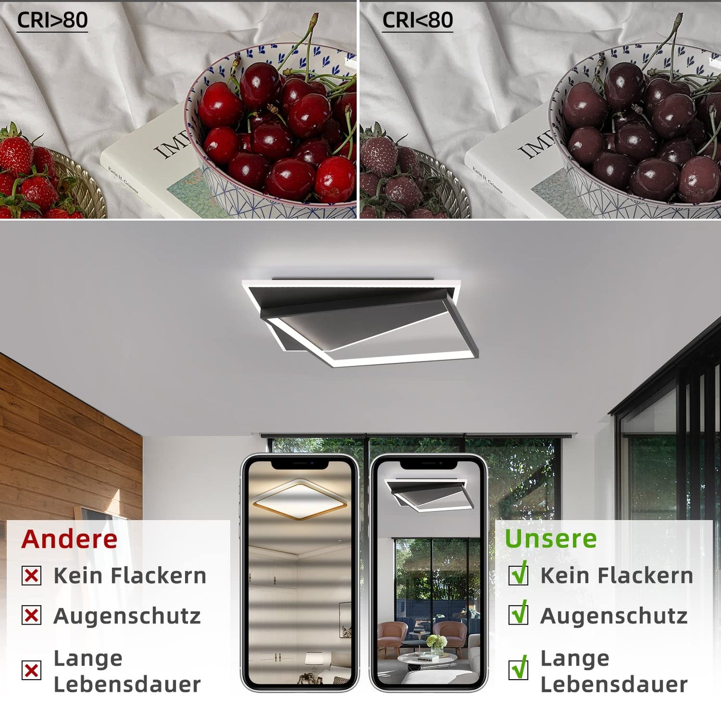 ZMH Deckenlampe LED Deckenleuchte Wohnzimmer - Dimmbar 48CM Schwarz Wohnzimmerlampe Modern Design mit Fernbedienung aus Metall Deckenbeleuchtung f¨¹r K¨¹che Esszimmer Jugendzimmer Schlafzimmer
