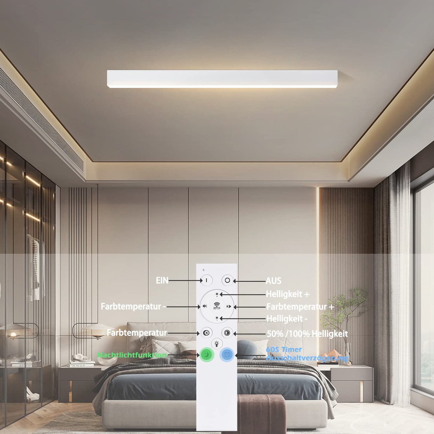 ZMH Deckenlampe LED Deckenleuchte Wohnzimmer - 58W Modern Schlafzimmer Wei? Deckenbeleuchtung 100CM Lang B¨¹rolampe Decke Dimmbar mit Fernbedienung Wohnzimmerlampe f¨¹r K¨¹che B¨¹ro Esszimmer