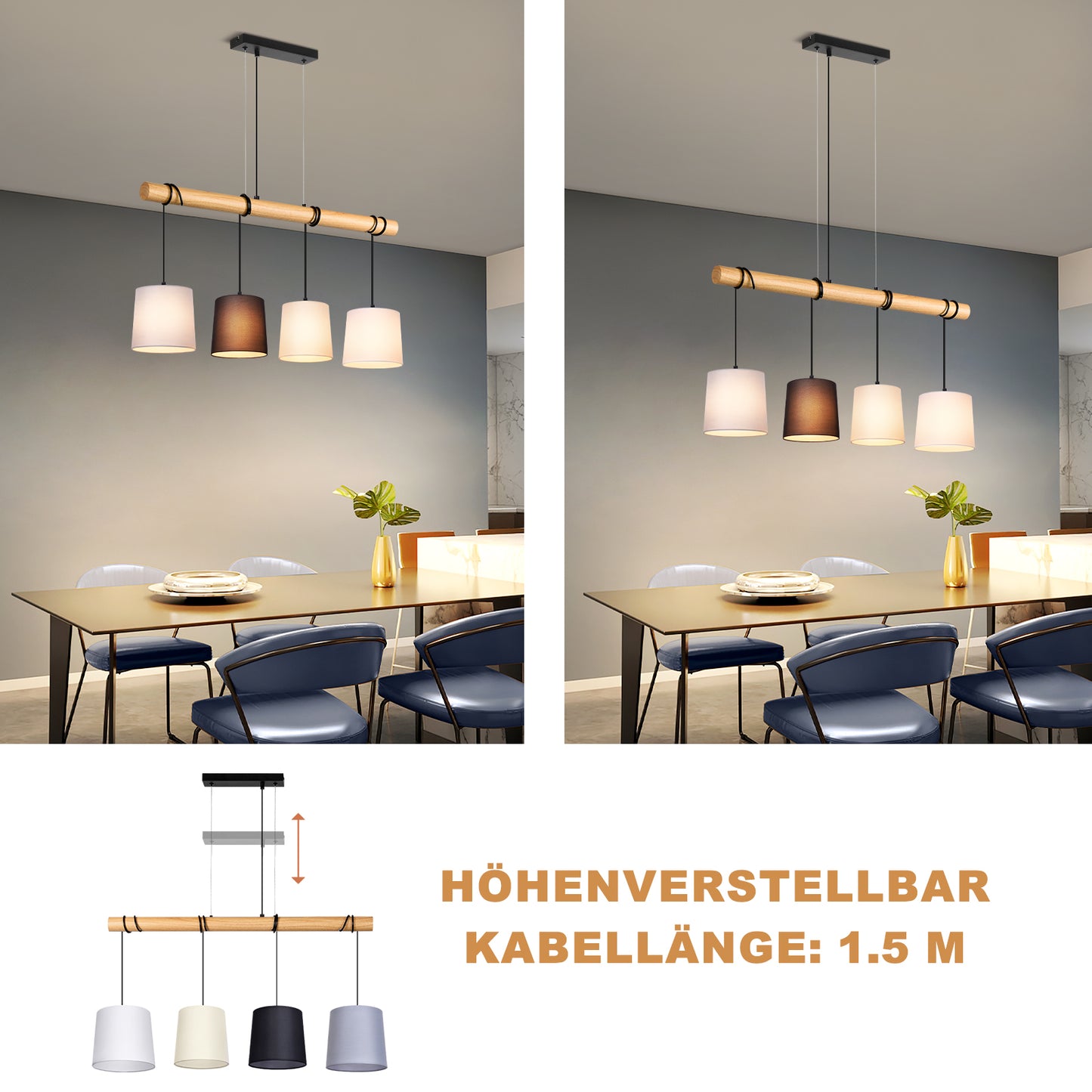 ZMH Pendelleuchte Esstisch H?ngelampe Vintage - Esszimmerlampe Holz E14 H?ngeleuchte 4 Flammig K¨¹che Wei? Esstischlampe aus Stoff Pendellampe Metall f¨¹r Esszimmer Wohnzimmer Arbeitzimmer B¨¹ro