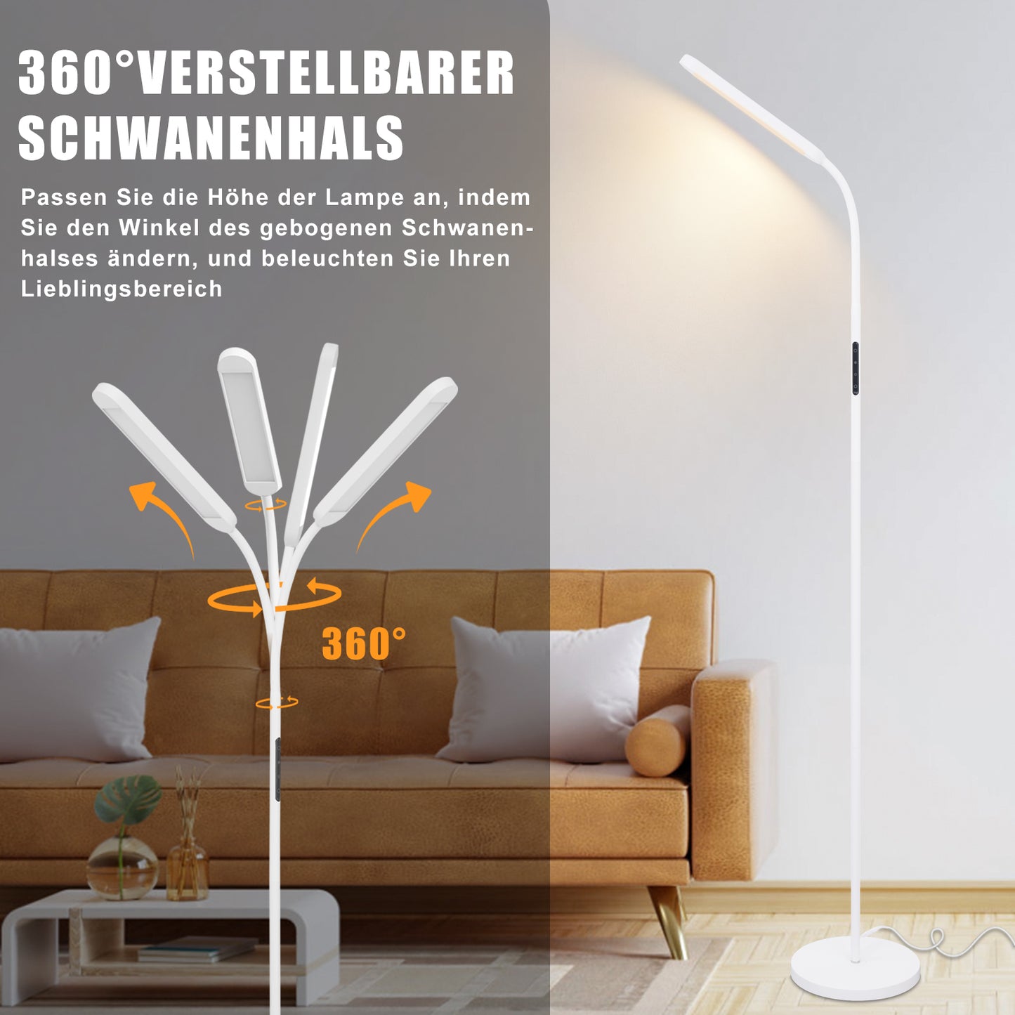 ZMH LED Stehlampe Dimmbar Standleuchte - Standleuchte 11W Wei? 3000K-6500K 5 Farbtemperaturen 5 Helligkeiten Drehbar Leselampe Touch Control 1H Timer Bodenlampe f¨¹r Wohnzimmer Kinderzimmer Sofa