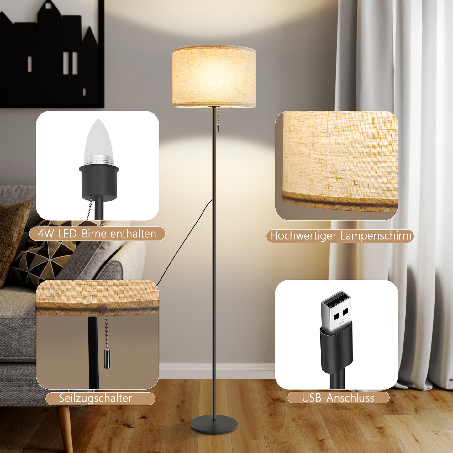 ZMH Stehlampe Wohnzimmer Vintage Stehleuchte: LED Dimmbar Standleuchte 136cm Standlampe Beige Lampenschirm 3000K-6500K Wohnzimmerlampe Seilzugschalter Retro Stoff Leselampe f¨¹r Schlafzimmer B¨¹ro
