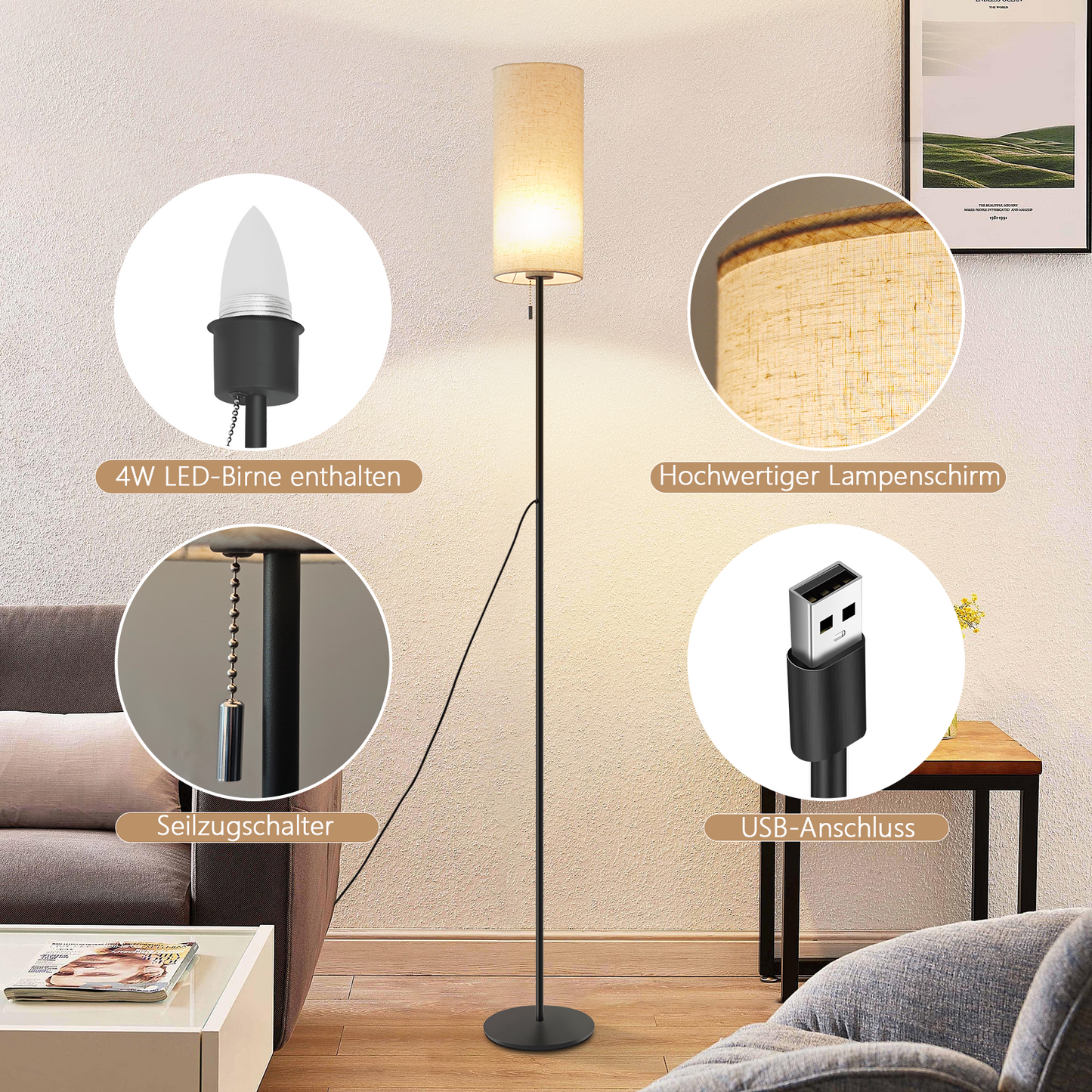 ZMH Stehlampe Wohnzimmer Dimmbar Stehleuchte: LED Standleuchte 3 Farbtemperaturen Vintage Beige Lampenschirm Standlampe mit Seilzugschalter Retro Stoff Leselampe f¨¹r Schlafzimmer Esszimmer B¨¹ro