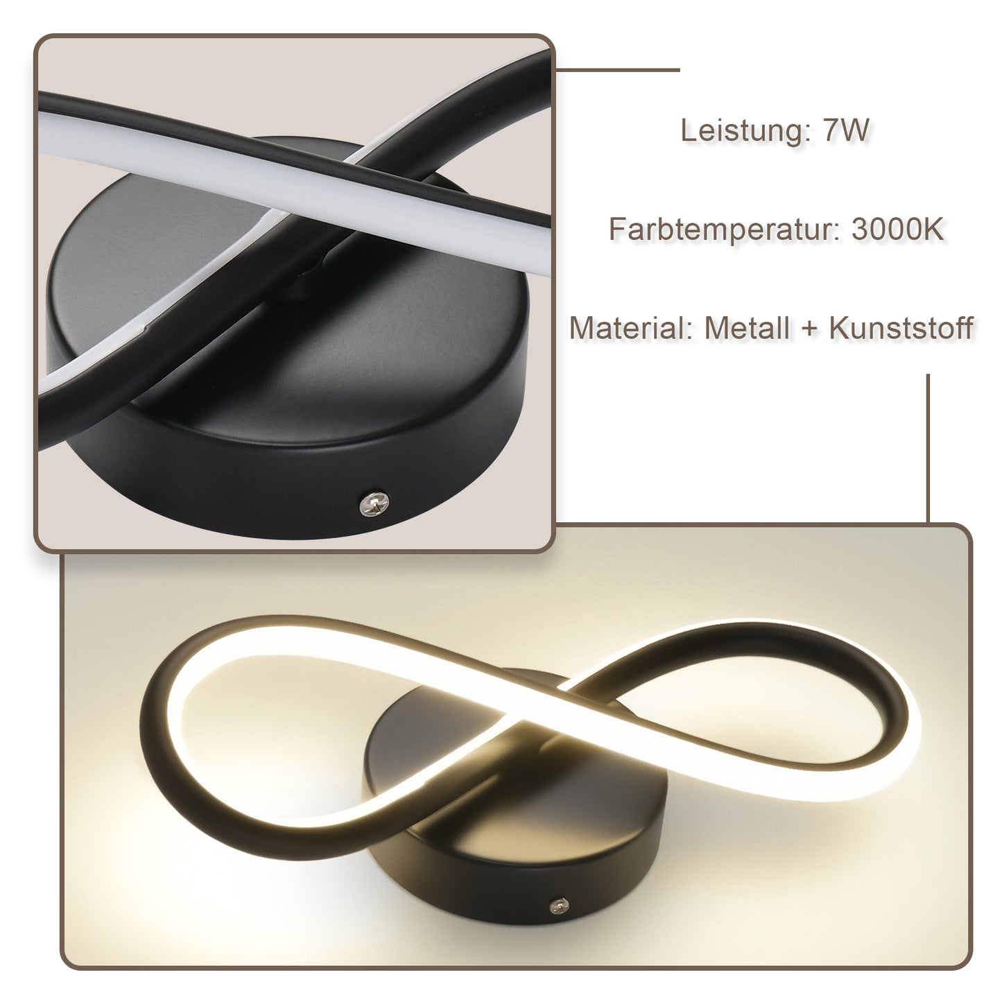 ZMH Wandleuchte Innen LED Wandlampe Schwarz: Wand Lampe f¨¹r Treppenhaus Schlafzimmer Wohnzimmer Korridor K¨¹hles Modern Design 7W Kurvendesign Dekorativ Wandleuchten Warmwei? 3000K