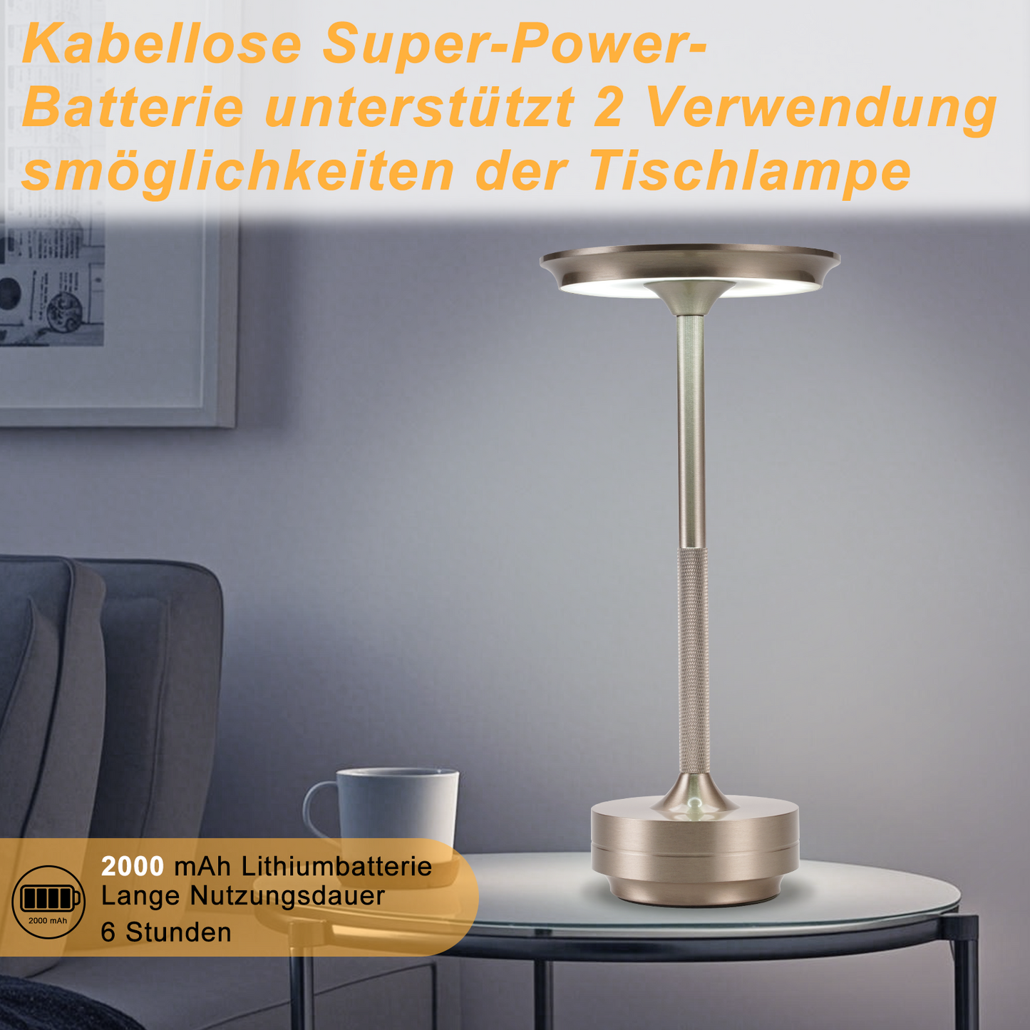 Nachttischlampe Kabellos Tischlampe Akku - LED Tischleuchte Touch Dimmbar Lampe mit USB Aufladbar Batterie Tischlampen Nickel f¨¹r Modern Fensterbank Wohnzimmer Kinderzimmer Schlafzimmer