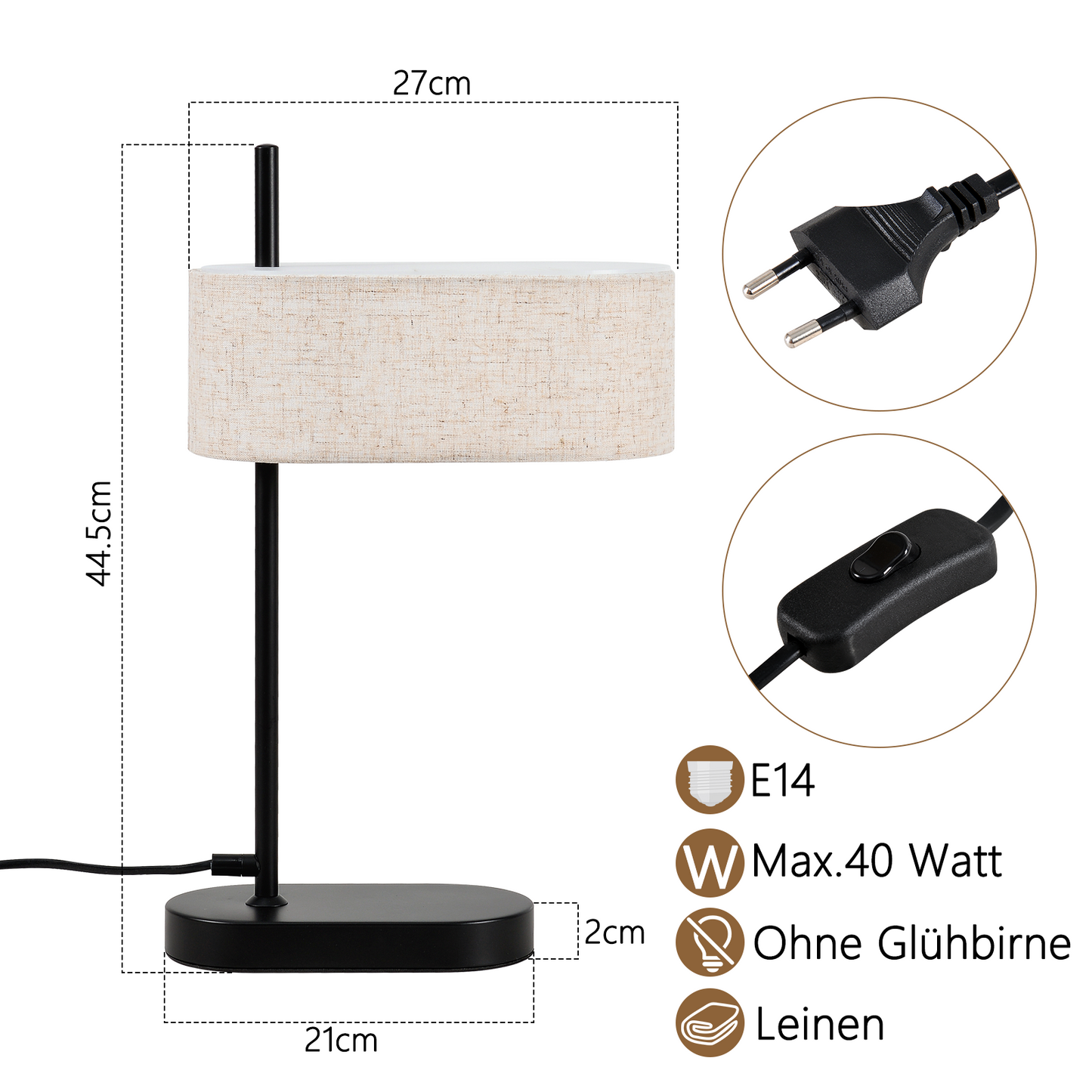 ZMH Nachttischlampe Schlafzimmer Tischlampe Vintage - 2er 44.5cm E14 Schwarz Tischleuchte Leinen Stoffschirm mit Schalter Kabel Retro f¨¹r Wohnzimmer B¨¹ro (ohne Leuchtmittel)