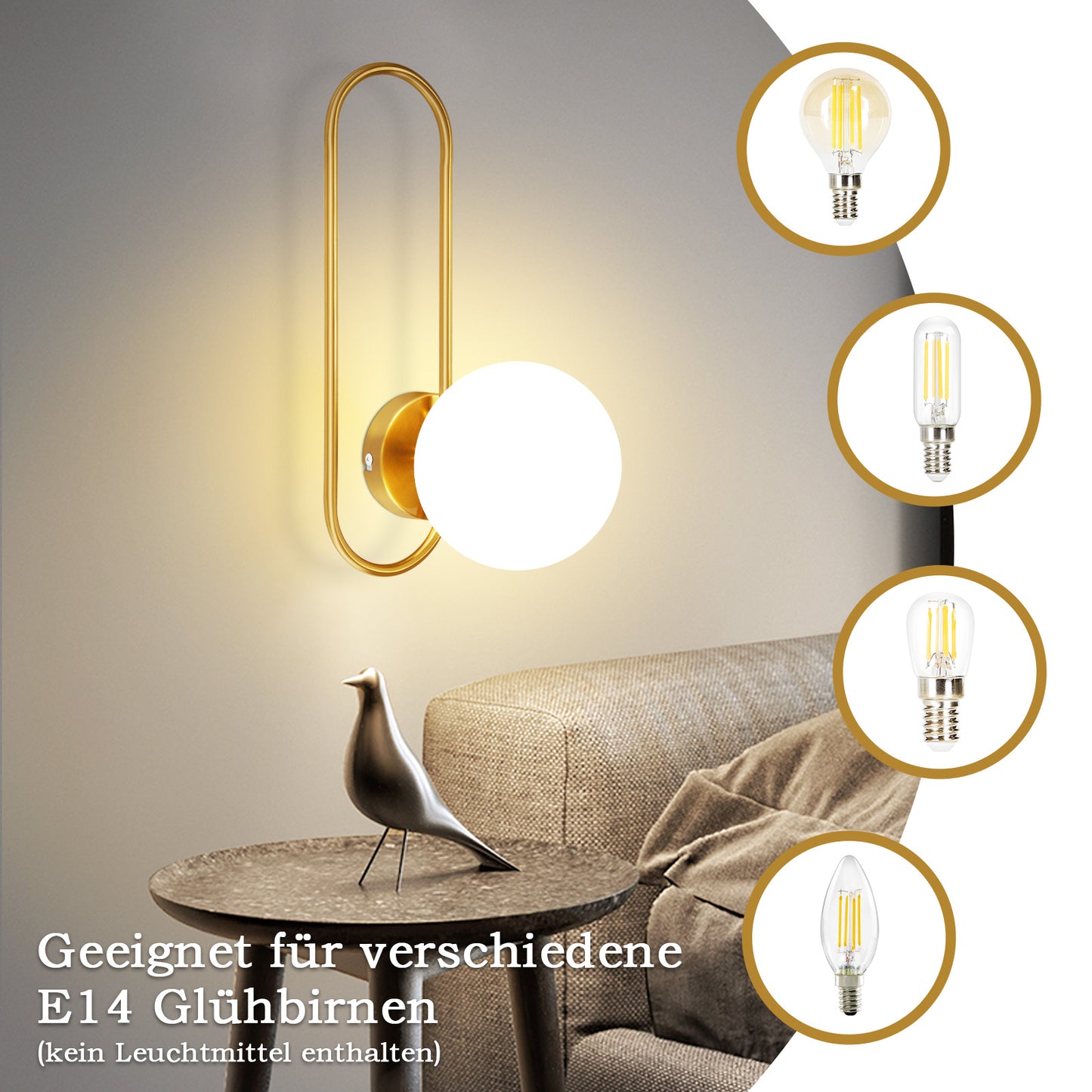 Wandleuchte Innen Wandlampe Flur - Glas Schlafzimmer Wandbeleuchtung Gold Modern Flurlampe Wand Lampen E14 Glaskugel Retro Beleuchtung f¨¹r Treppenhaus Bett Wohnzimmer Hotel (Ohne Leuchtmittel)