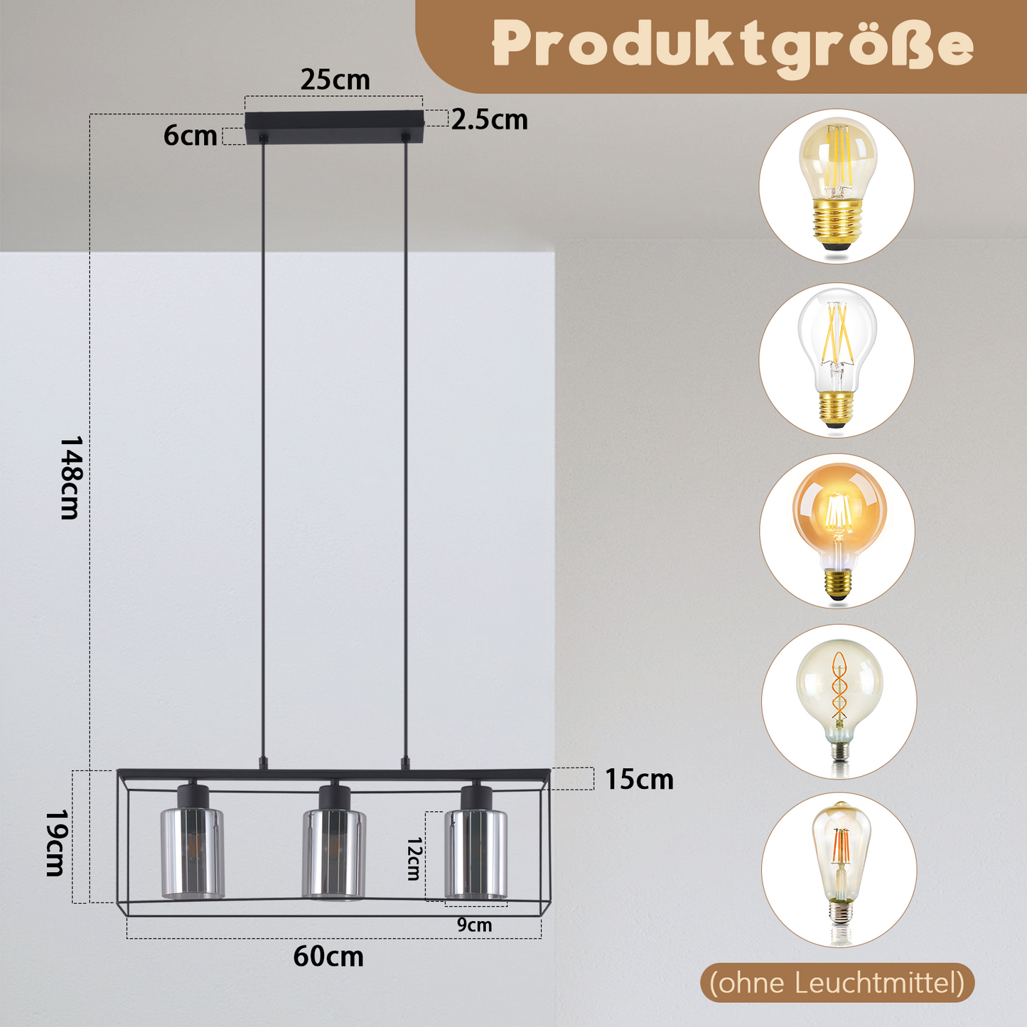 Pendelleuchte Esstisch H?ngelampe Vintage - Rauchschwarz Glas H?ngeleuchte 3 Flammig E27 Esstischlampe H?ngend Metall Retro Esszimmerlampe Industrial f¨¹r Esszimmer k¨¹che (ohne Leuchtmittel)