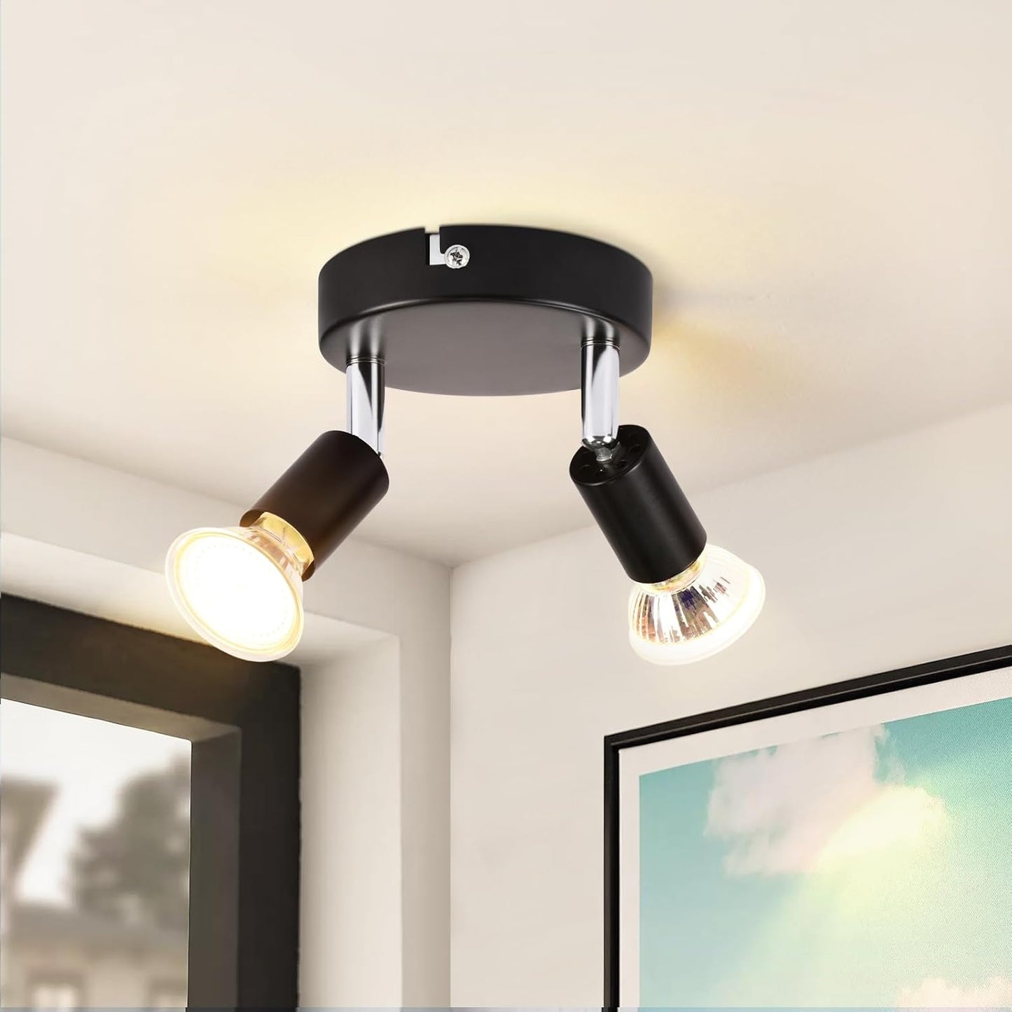 ZMH Deckenstrahler LED Schwarz 2 Flammig - Deckenleuchte Schwenkbar 350¡ã GU10 Rund Metall Deckenspots Innen Deckenlampe Industrial Modern f¨¹r Schlafzimmer K¨¹che Flur Esszimmer Wohnzimmer