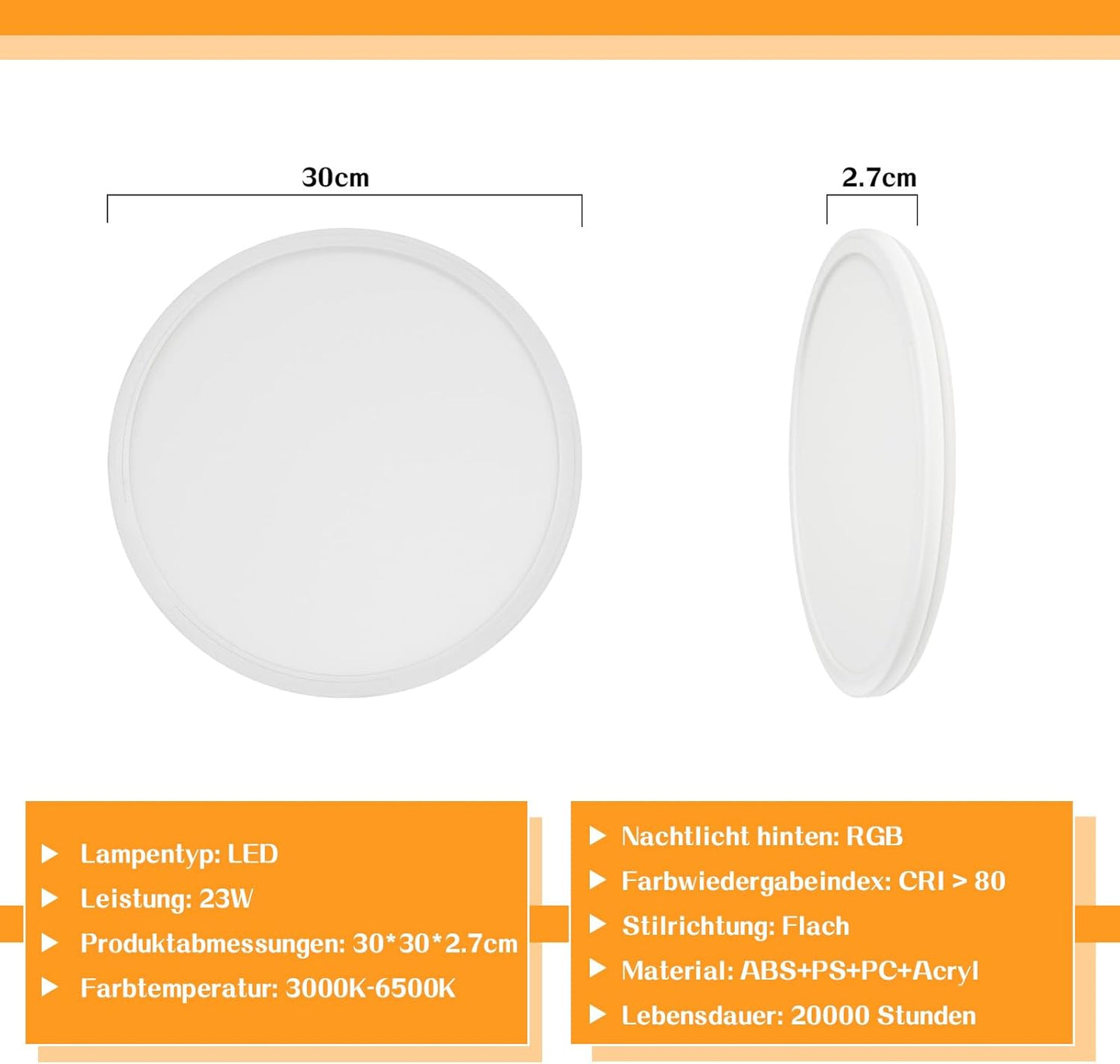 Deckenlampe LED Deckenleuchte Flach - Schlafzimmerlampe 30CM Badezimmerlampe 23W Küchenlampe Schlafzimmer weiß Deckenbeleuchtung Flurlampe Decke Badlampe 3000K-6500K für Küche Flur
