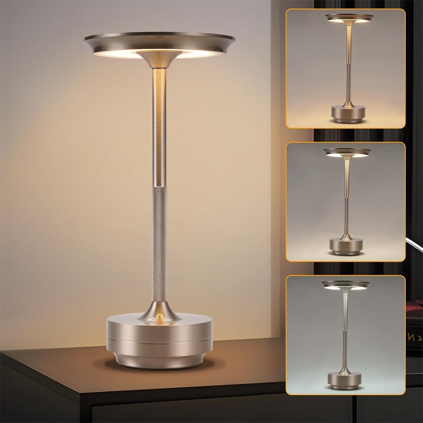 Nachttischlampe Kabellos Tischlampe Akku - LED Tischleuchte Touch Dimmbar Lampe mit USB Aufladbar Batterie Tischlampen Nickel f¨¹r Modern Fensterbank Wohnzimmer Kinderzimmer Schlafzimmer