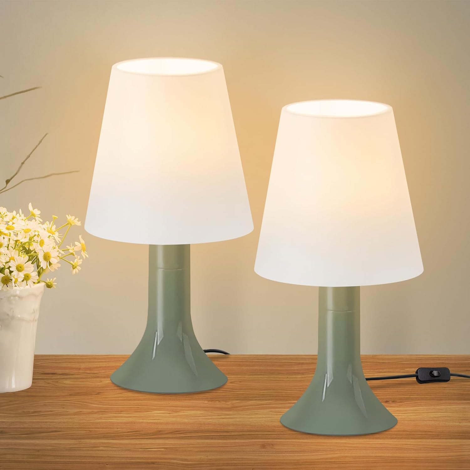 Nachttischlampe Wohnzimmer Tischleuchte mit Kabel - Tischlampe 2er Set Kleine Lampe Grün E14 Tischlampen Moderne Landhausstil für Esstisch Schlafzimmer