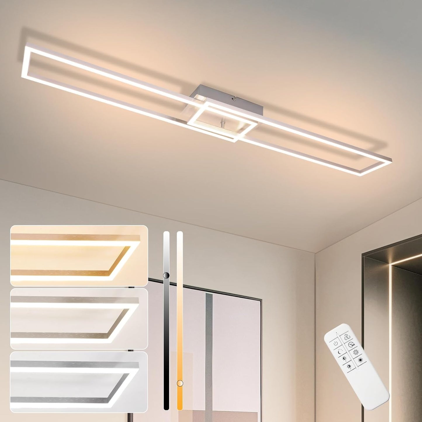 Deckenleuchte LED Deckenlampe Schlafzimmer - 2 Rahmen Schlafzimmerlampe 102CM Modern Dimmbar mit Fernbedienung Silber Deckenbeleuchtung 36W Rechteckig Design f¨¹r Wohnzimmer Flur K¨¹che