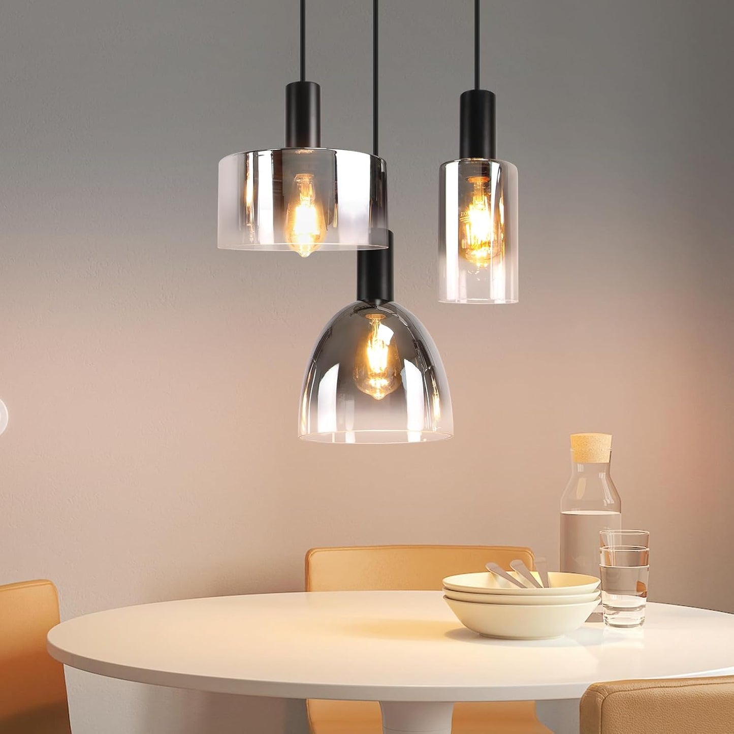 Pendelleuchte Wohnzimmer H?ngelampe 3 Flammig H?ngeleuchte-E27 Vintage Esszimmerlampe H?ngend Pendellampe H?henverstellbar Rauchgrau Glas f¨¹r Schlafzimmer Wohnzimmer (ohne Leuchtmittel)