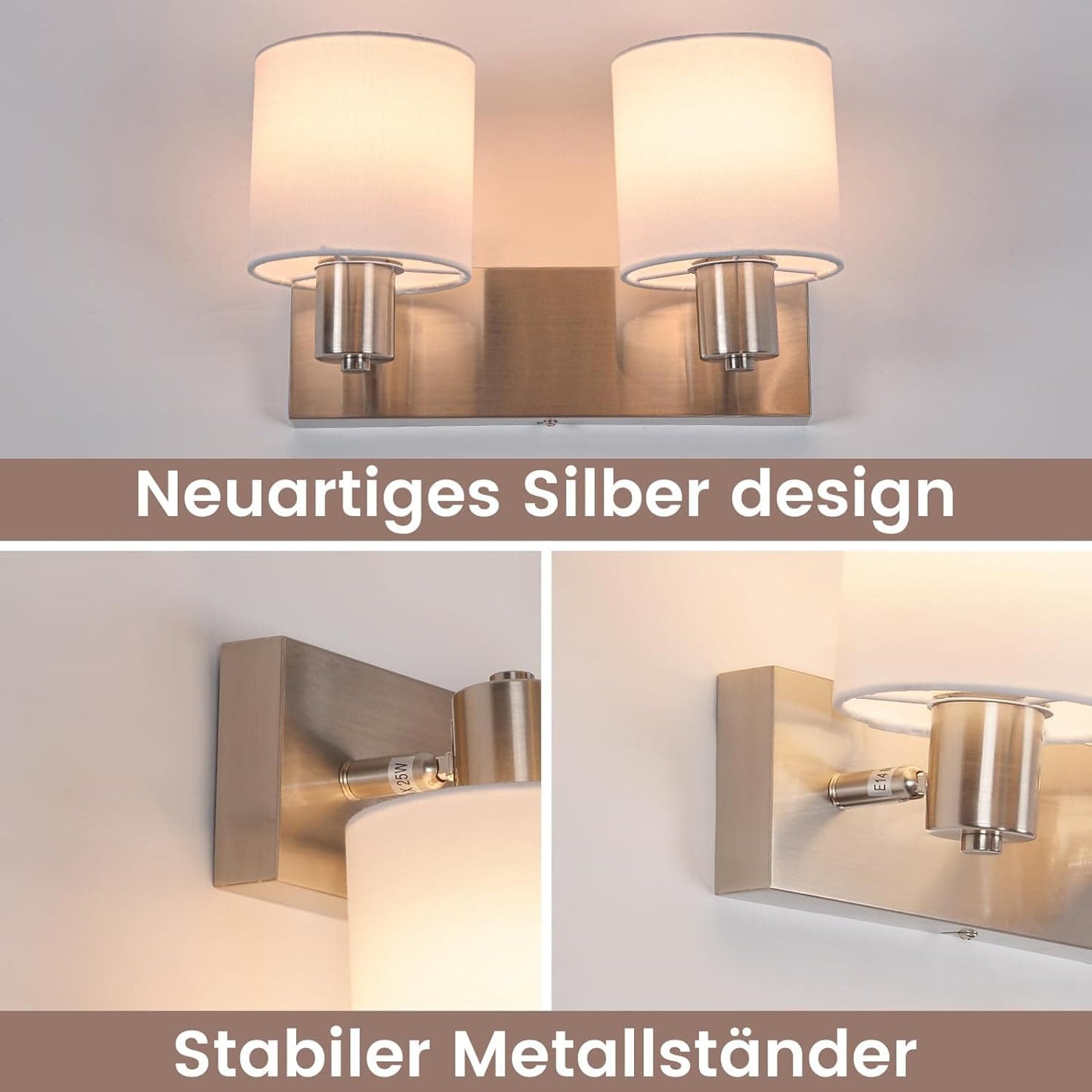 ZMH Deckenlampe 2 Flammig Deckenstrahler Flur - Deckenleuchte Modern Deckenspot E14 Silber Schwenkbar 350¡ã MAX.40W K¨¹chelampe Stoffschrim f¨¹r Wohnzimmer Schlafzimmer