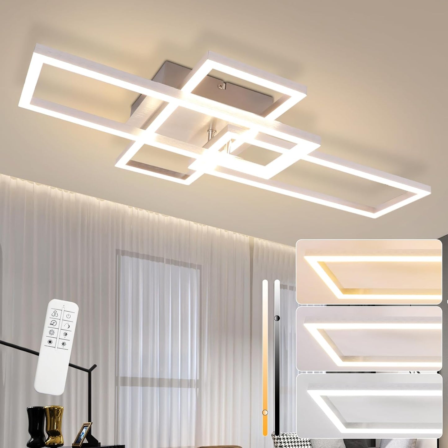 Deckenlampe LED Deckenleuchte Wohnzimmer - 64CM Wohnzimmerlampe Modern Dimmbar mit Fernbedienung 36W Silber Schlafzimmer Deckenbeleuchtung Rechteckig Design K¨¹chenlampe f¨¹r Esszimmer K¨¹che