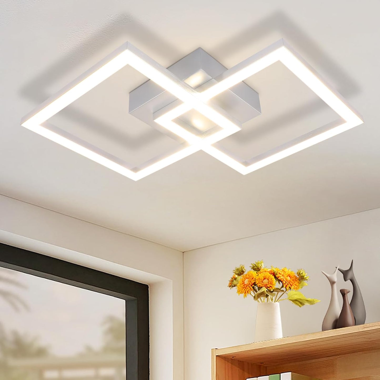LED Deckenlampe Deckenleuchte Flur - Flurlampe Modern Design 47CM Schlafzimmerlampe 3000K Warmwei?es Metall Silber 24W Quadratische Deckebeleuchtung f¨¹r Schlafzimmer Wohnzimmer K¨¹che B¨¹ro