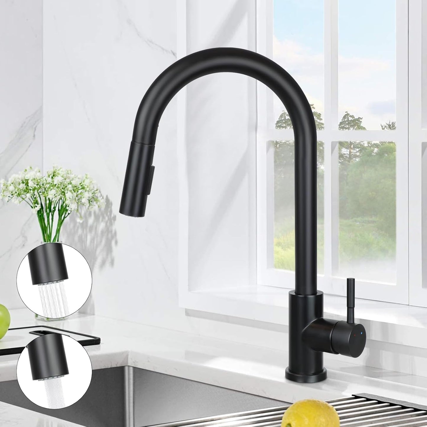 ZMH Wasserhahn K¨¹che K¨¹chenarmatur Schwarz - Ausziehbar Sp¨¹ltischarmatur mit Brause Mischbatterie Sp¨¹le 360¡ã Drehbar Armatur Edelstahl mit 2 Strahlarten K¨¹chenwasserhahn Matt