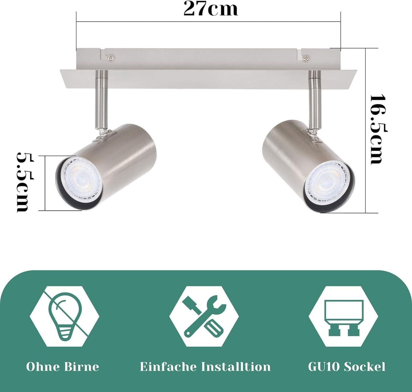 ZMH LED Deckenleuchte 2 Flammig GU10 - Deckenstrahler Schwenkbar 330¡ã Nickel Flur Deckenlampe Innen Modern Deckenspots Wandstrahler f¨¹r K¨¹che, Schlafzimmer, Wohnzimmer, Ohne Leuchtmittel