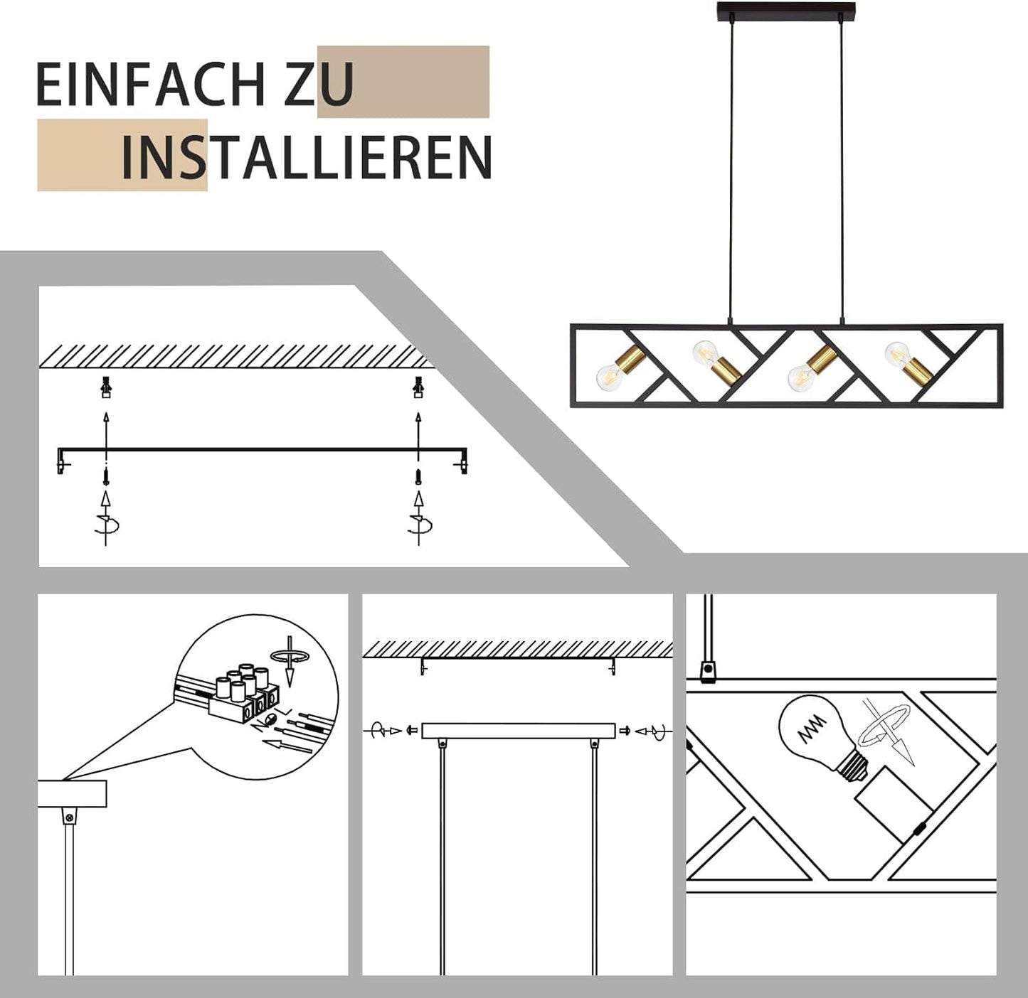 ZMH Pendelleuchte Esszimmer H?ngelampe 4 Flammig - H?ngeleuchte Schwarz Vintage E27 H?ngend Eckig Modern Pendellampe H?henverstellbar Metall f¨¹r Wohnzimmer Schlafzimmer Arbeitszimmer K¨¹che
