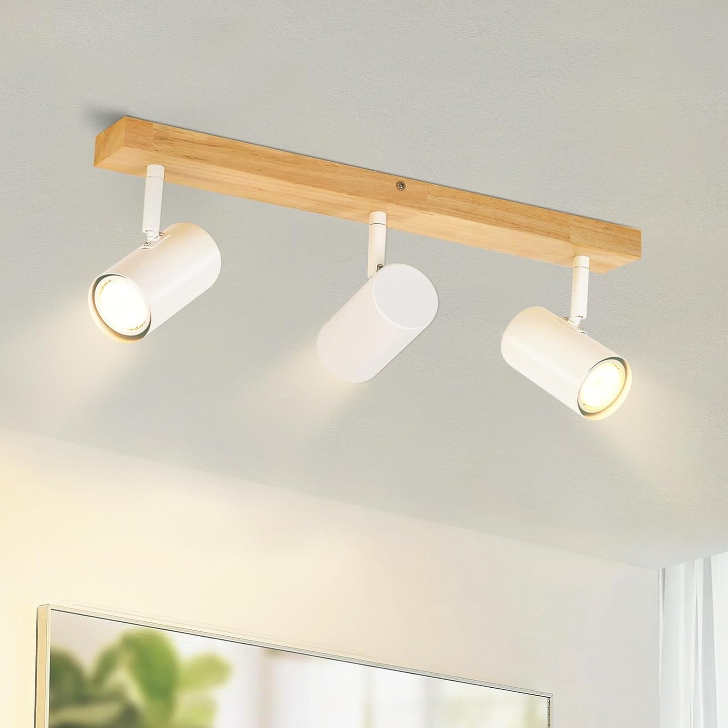 Deckenleuchte Holz Deckenstrahler 3 Flammig - Vintage Deckenlampe GU10 Deckenspots Modern Wei? Schwenkbar 350¡ã Flurlampe f¨¹r Schlafzimmer Wohnzimmer Arbeitszimmer Esszimmer K¨¹che