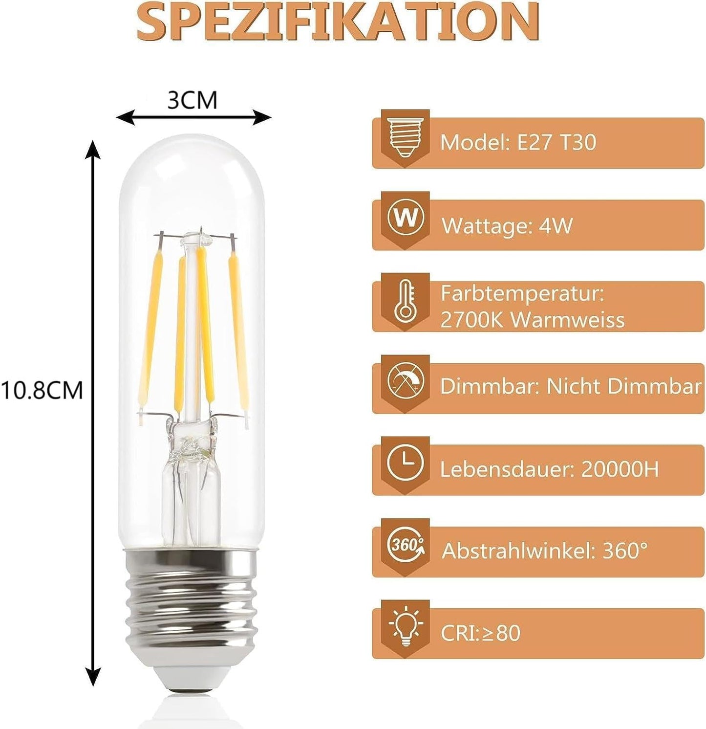 ZMH Gl¨¹hbirne E27 LED Warmweiss - 6er Pack - T30 LED Lampe 4W Edison Vintage Leuchtmittel 2700K Warmwei? Licht Birne Retro Filament Energiesparlampe E27 Sockel Nicht Dimmbar Light Bulbs