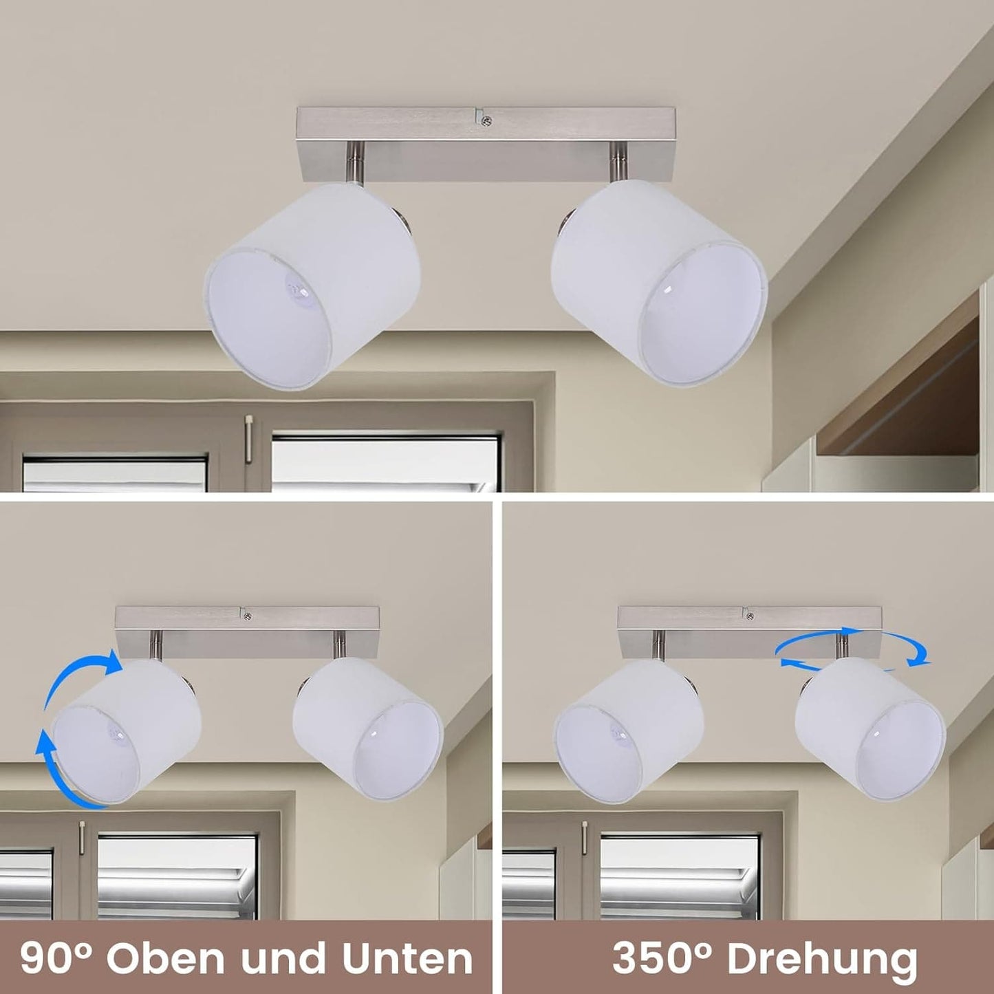 ZMH Deckenlampe 2 Flammig Deckenstrahler Flur - Deckenleuchte Modern Deckenspot E14 Silber Schwenkbar 350¡ã MAX.40W K¨¹chelampe Stoffschrim f¨¹r Wohnzimmer Schlafzimmer