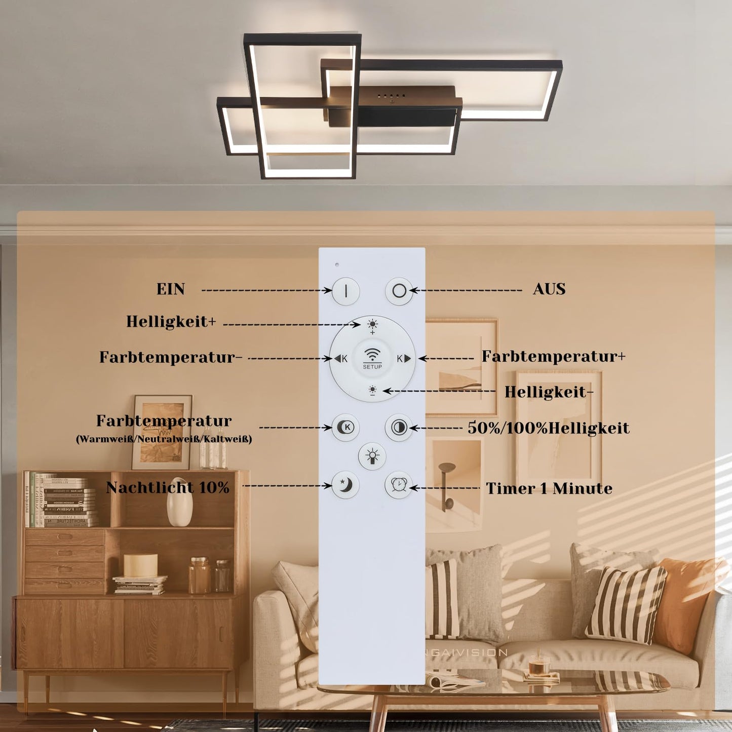 ZMH LED Deckenleuchte Dimmbar Modern Deckenlampe Schwarz Wohnzimmerlampe 65W Geometrisch Wandlampe Multifunktional Deckenbeleuchtung f¨¹r Wohnzimmer, Schlafzimmer, B¨¹ro, Flur und Balkon