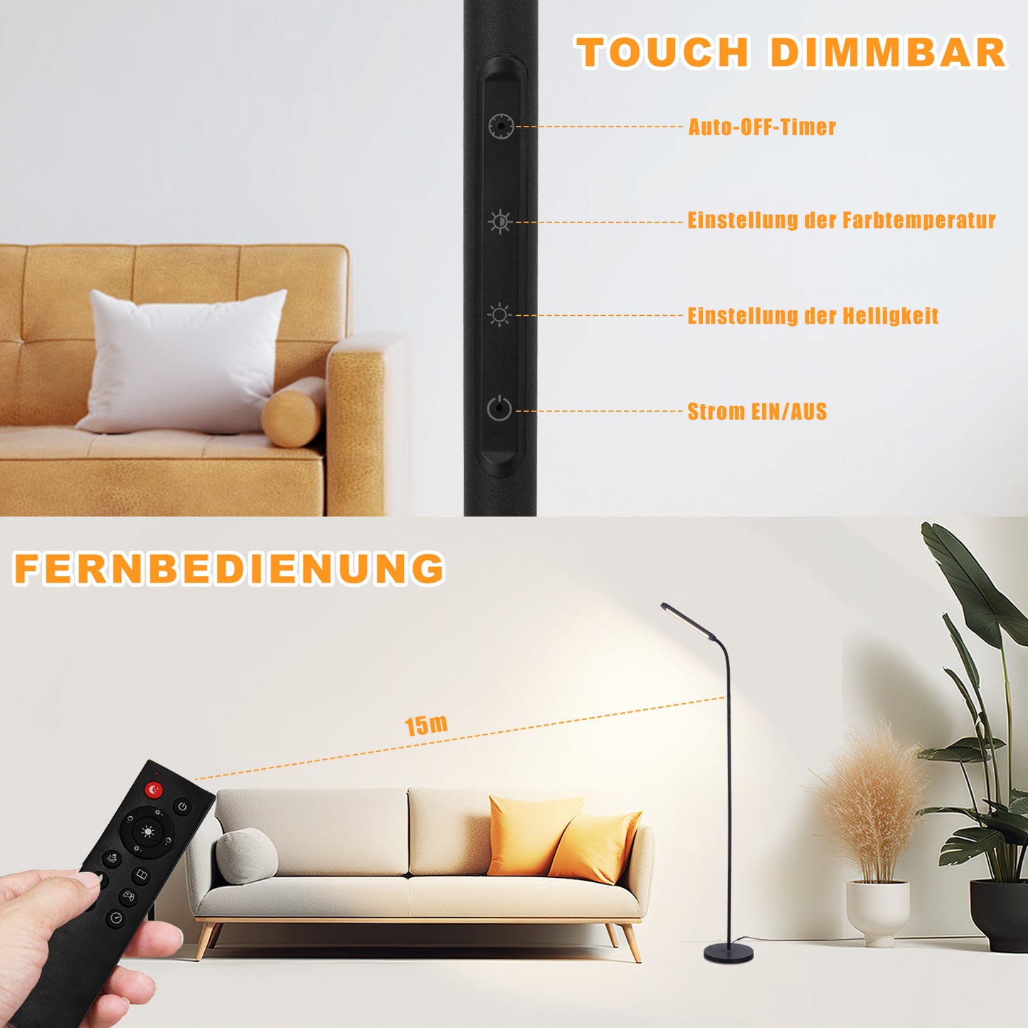 ZMH Stehlampe LED Standleuchte Wohnzimmer - Dimmbar Modern Standleuchte Schwarz 5 Farben und 5 Helligkeitsstufen 11W 360¡ã Flexibler Schwanenhals Leselampe mit Fernbedienung f¨¹r Schlafzimmer B¨¹ro