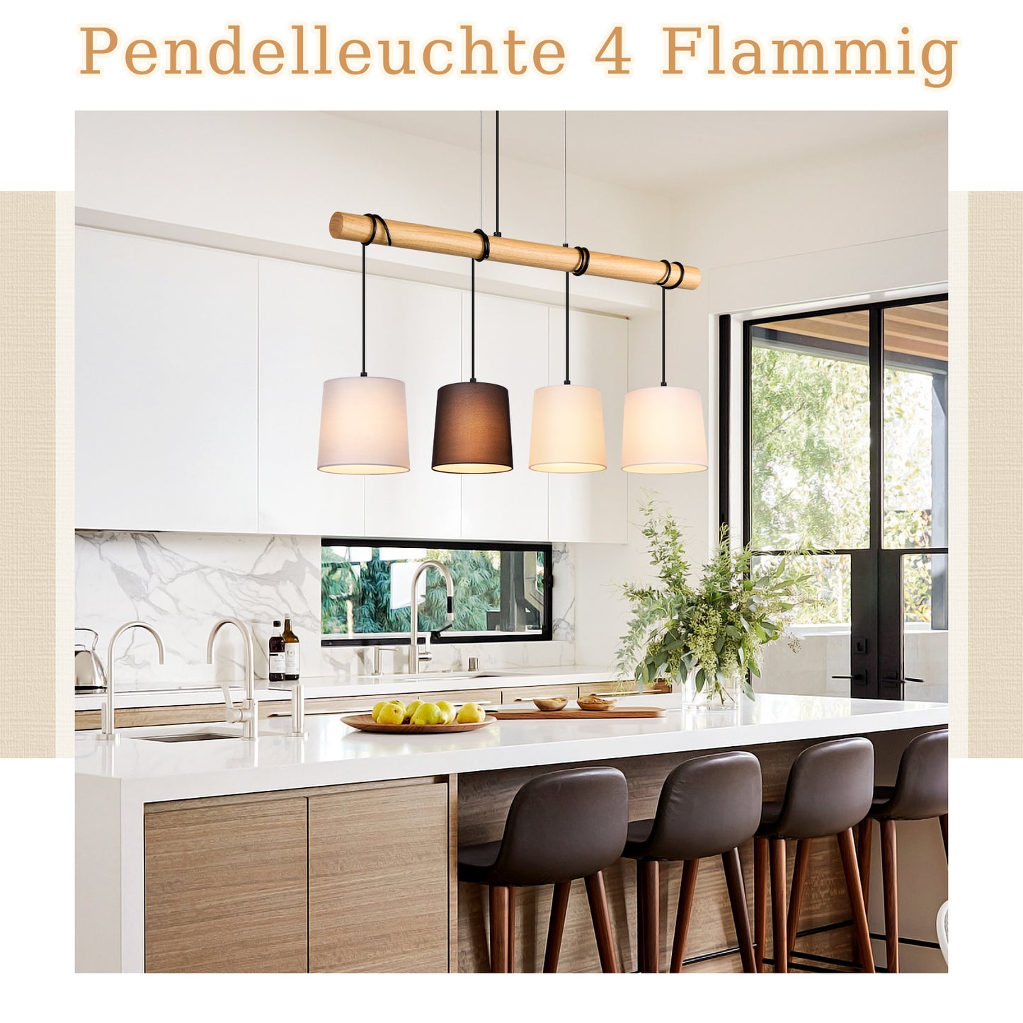 ZMH Pendelleuchte Esstisch H?ngelampe Vintage - Esszimmerlampe Holz E14 H?ngeleuchte 4 Flammig K¨¹che Wei? Esstischlampe aus Stoff Pendellampe Metall f¨¹r Esszimmer Wohnzimmer Arbeitzimmer B¨¹ro