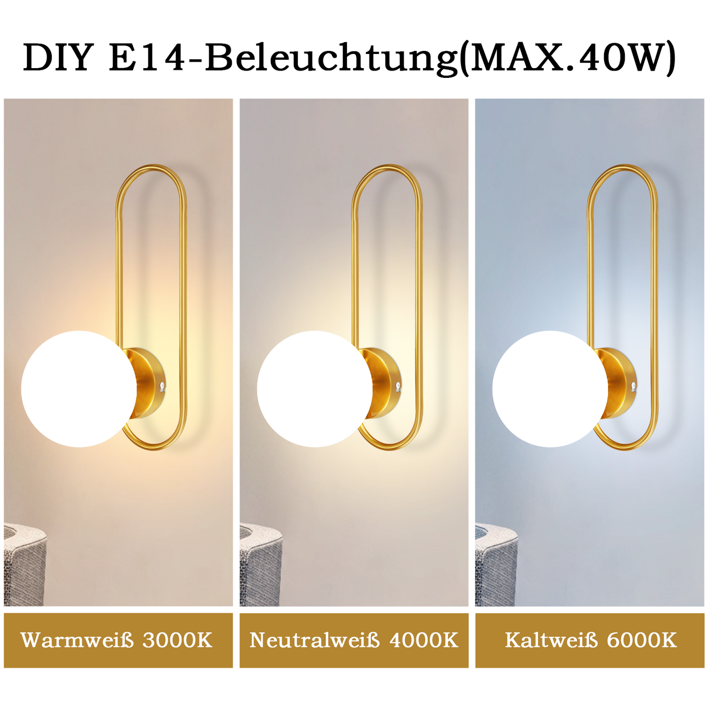 Wandleuchte Innen Wandlampe Flur - Glas Schlafzimmer Wandbeleuchtung Gold Modern Flurlampe Wand Lampen E14 Glaskugel Retro Beleuchtung f¨¹r Treppenhaus Bett Wohnzimmer Hotel (Ohne Leuchtmittel)