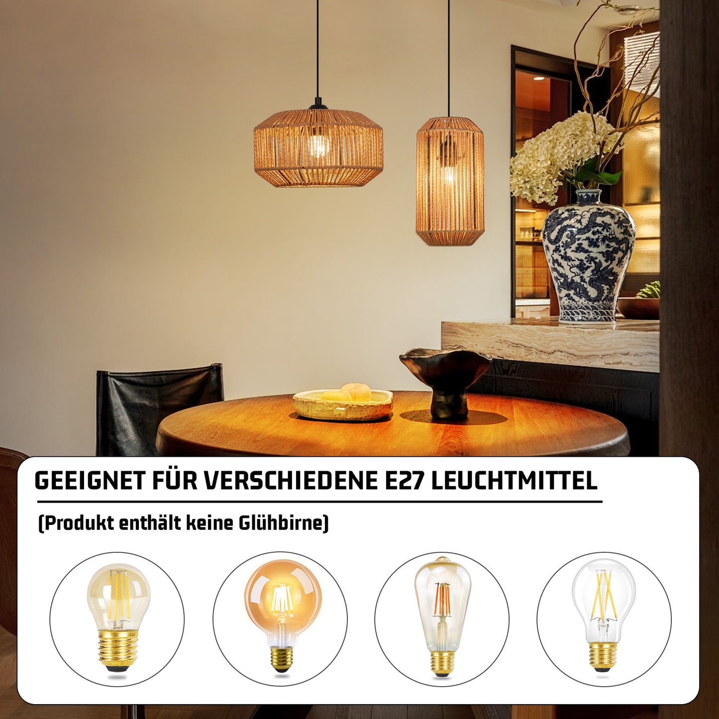 Pendelleuchte Esstisch H?ngelampe Vintage - Pendellampe Esszimmer 1 Flammig Esstischlampe Hanfseil Laterne Design E27 H?ngeleuchte f¨¹r Schlafzimmer Wohnzimmer Flur(Ohne Leuchtmittel)