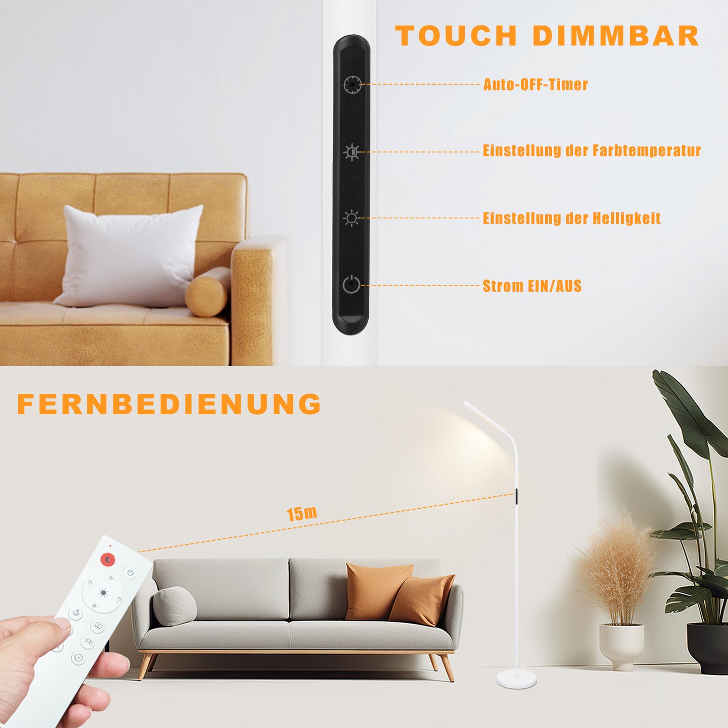 ZMH LED Stehlampe Dimmbar Standleuchte - Standleuchte 11W Wei? 3000K-6500K 5 Farbtemperaturen 5 Helligkeiten Drehbar Leselampe Touch Control 1H Timer Bodenlampe f¨¹r Wohnzimmer Kinderzimmer Sofa
