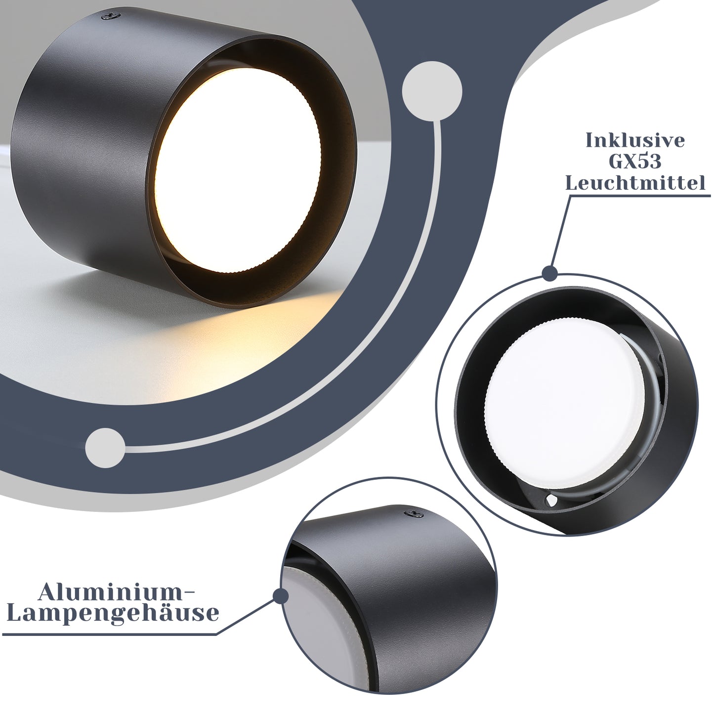 ZMH LED Aufbauspot Schwarz Aufbaustrahler: Deckenspots Rund 5W kleine Deckenleuchte Aufputz GX53 3000K Aufbauleuchte schwenkbar aus Aluminium Deckenstrahler f¨¹r Wohnzimmer Treppenhaus Flur